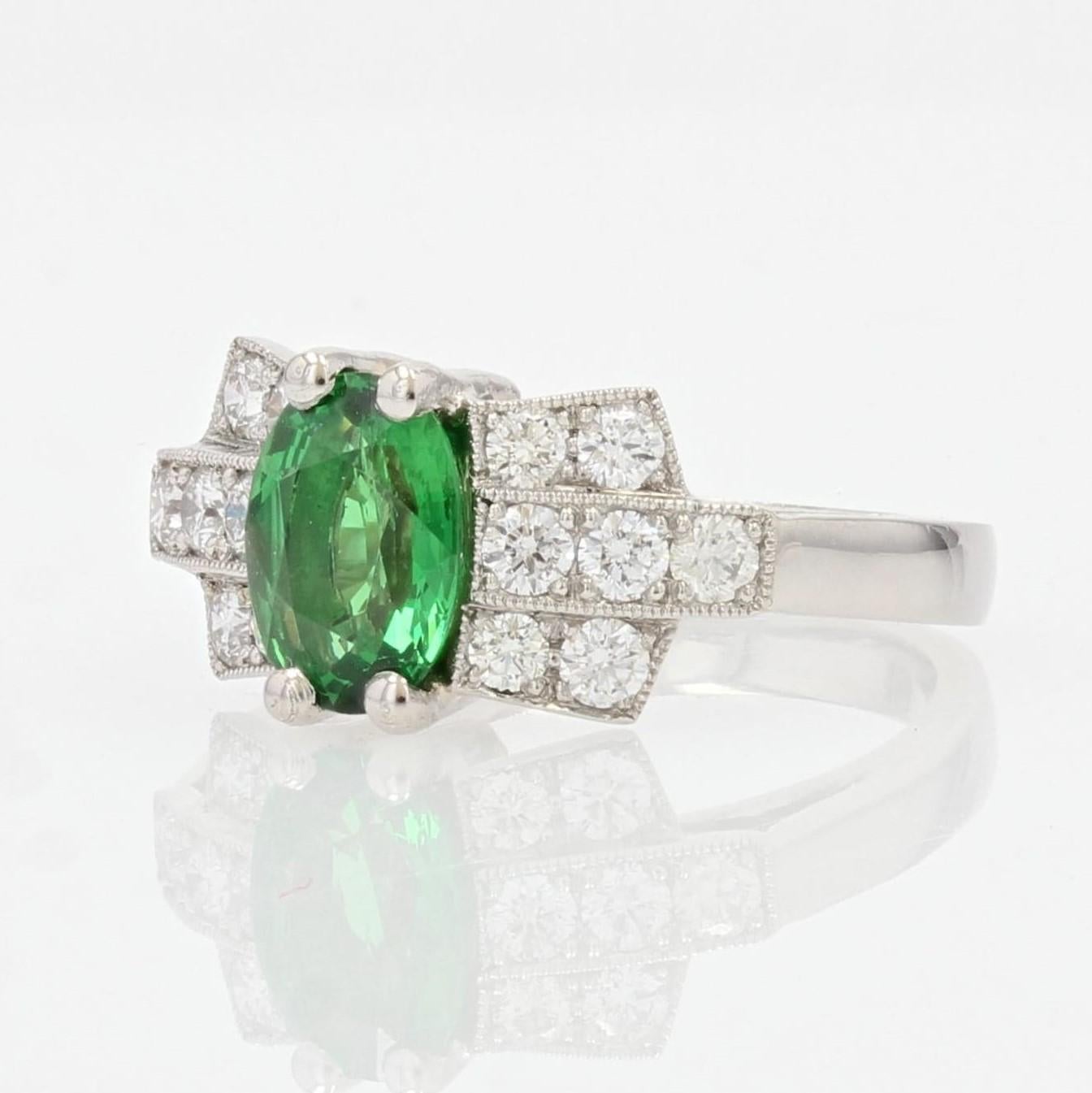 French Modern Art Deco Style Tsavorite Garnet Diamonds Platinum Ring For Sale 2