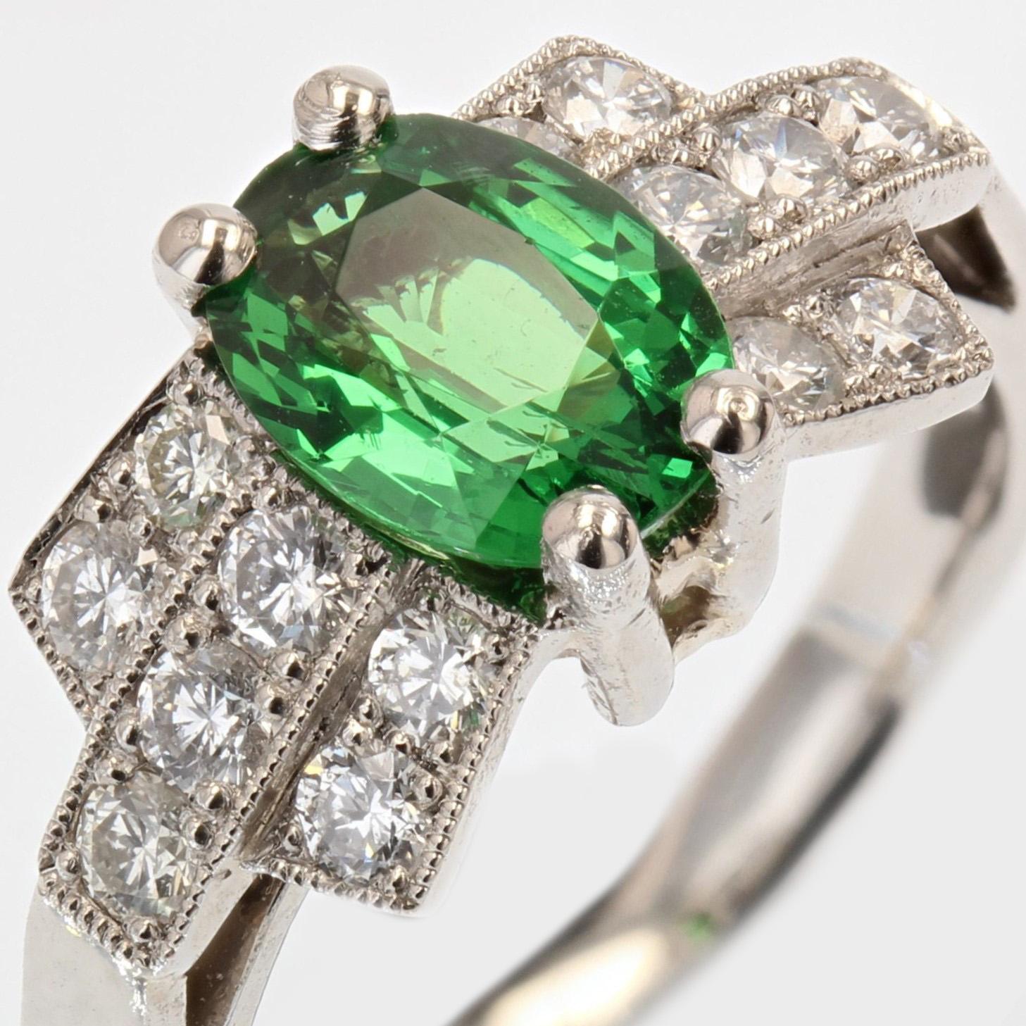 French Modern Art Deco Style Tsavorite Garnet Diamonds Platinum Ring For Sale 3