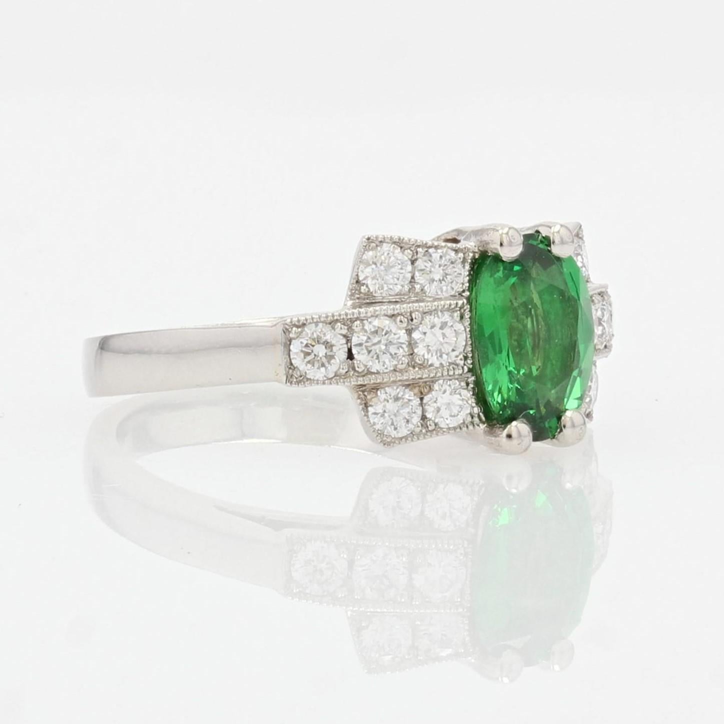 French Modern Art Deco Style Tsavorite Garnet Diamonds Platinum Ring For Sale 4