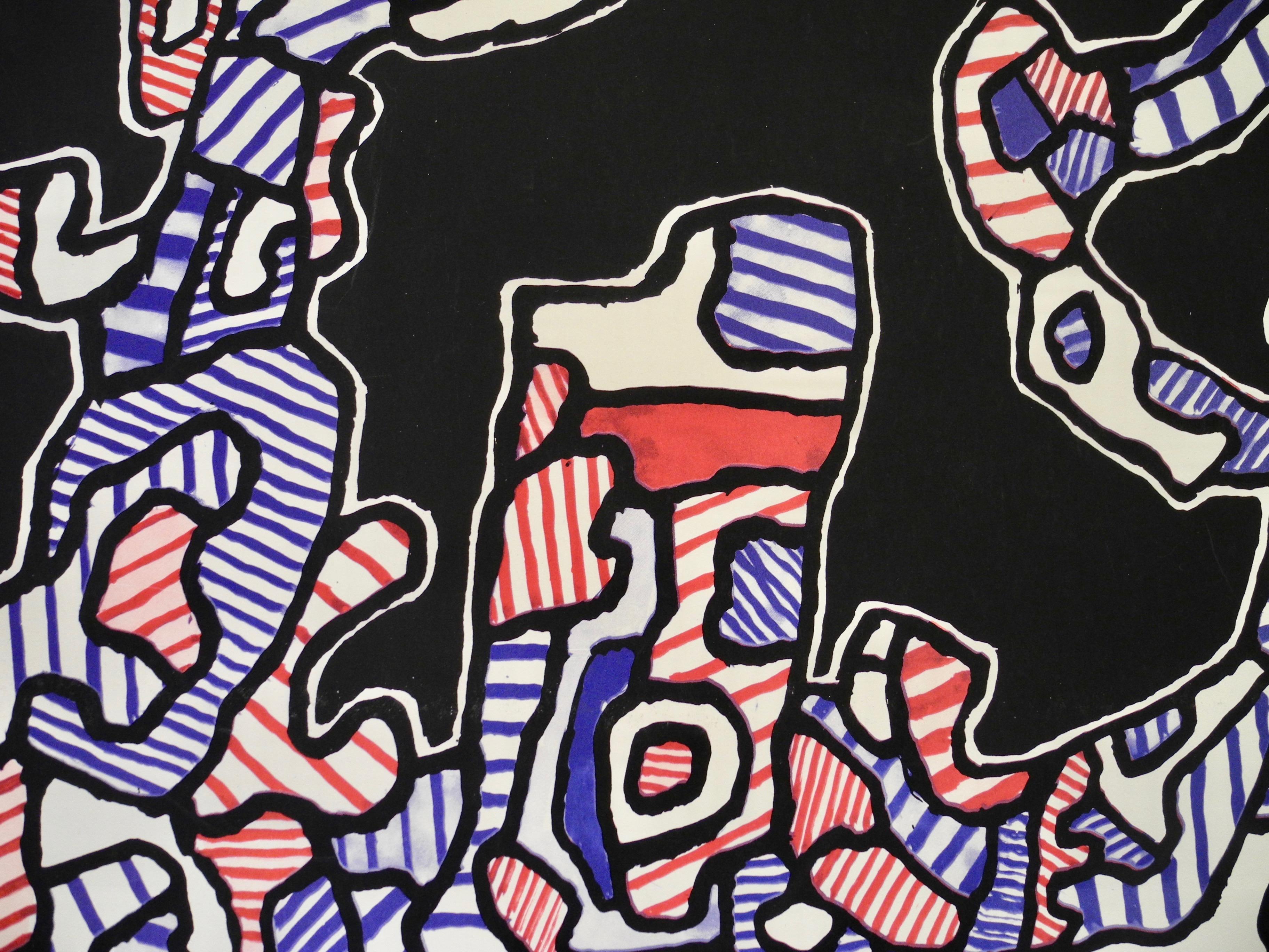 This Jean Dubuffet original serigraph was made in France by the artist for his gallery. The flat black ink visually sits on top of the heavy paper. Initialed and dated in the print.