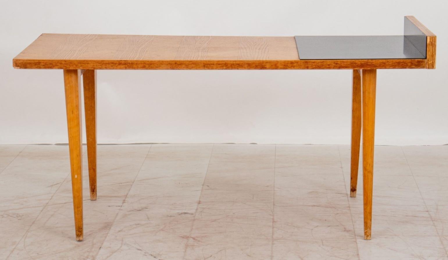  French Mid-Century Modern low table made of ash and black laminate, dating back to the 1950s. Here are the details:  Origin: French Style: Mid-Century Modern (MCM) Material: Ash and Black Laminate Dimensions: Height (H): 17.25 inches Width (W):