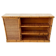 French Modern Bamboo, Woven Rattan and Limestone Bookcase or Bar
