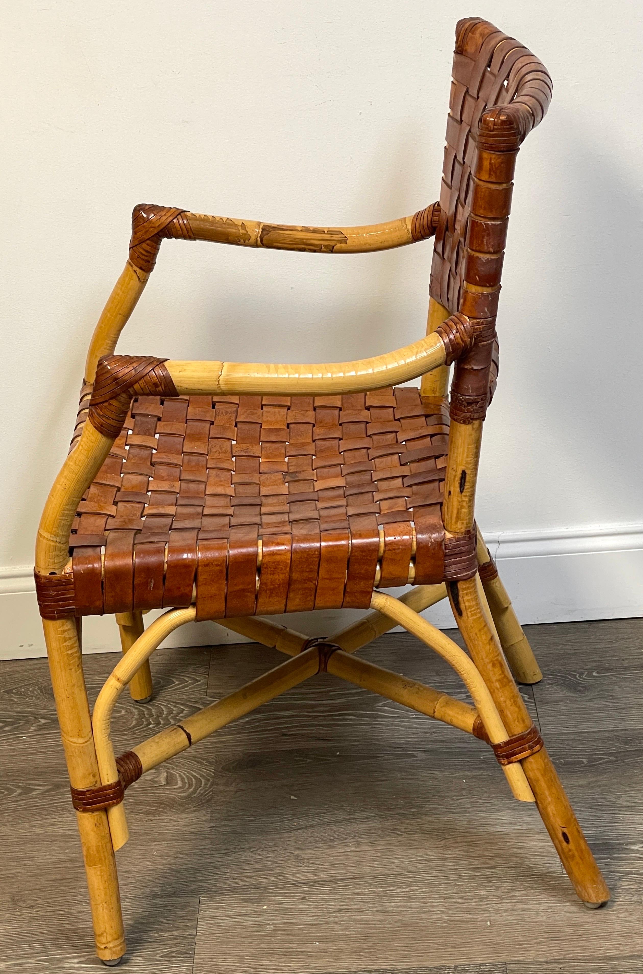 French Modern Bamboo & Woven Saddle Leather Armchair, Circa 1960s For Sale 5