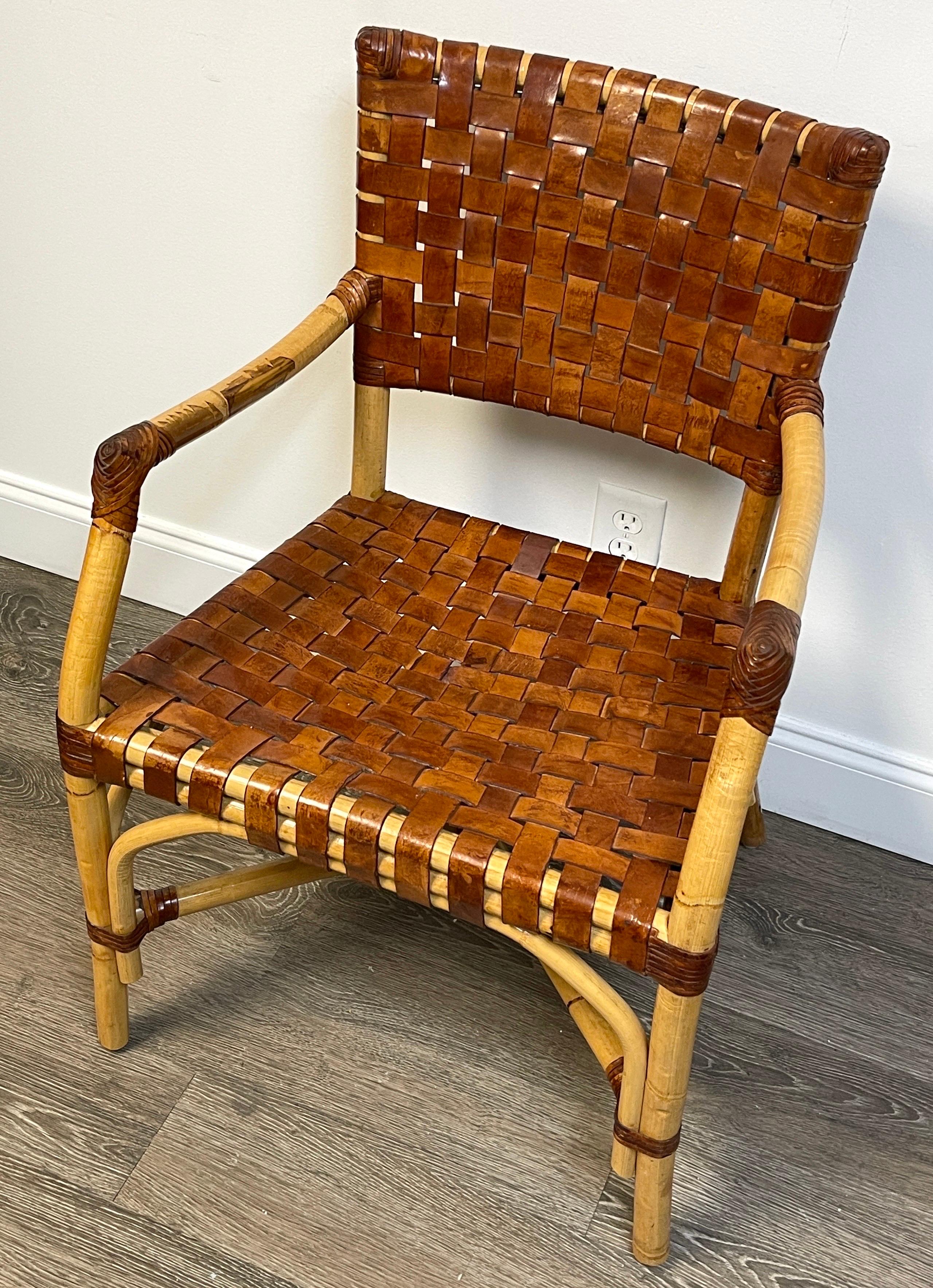 French Modern Bamboo & Woven Saddle Leather Armchair, Circa 1960s For Sale 8