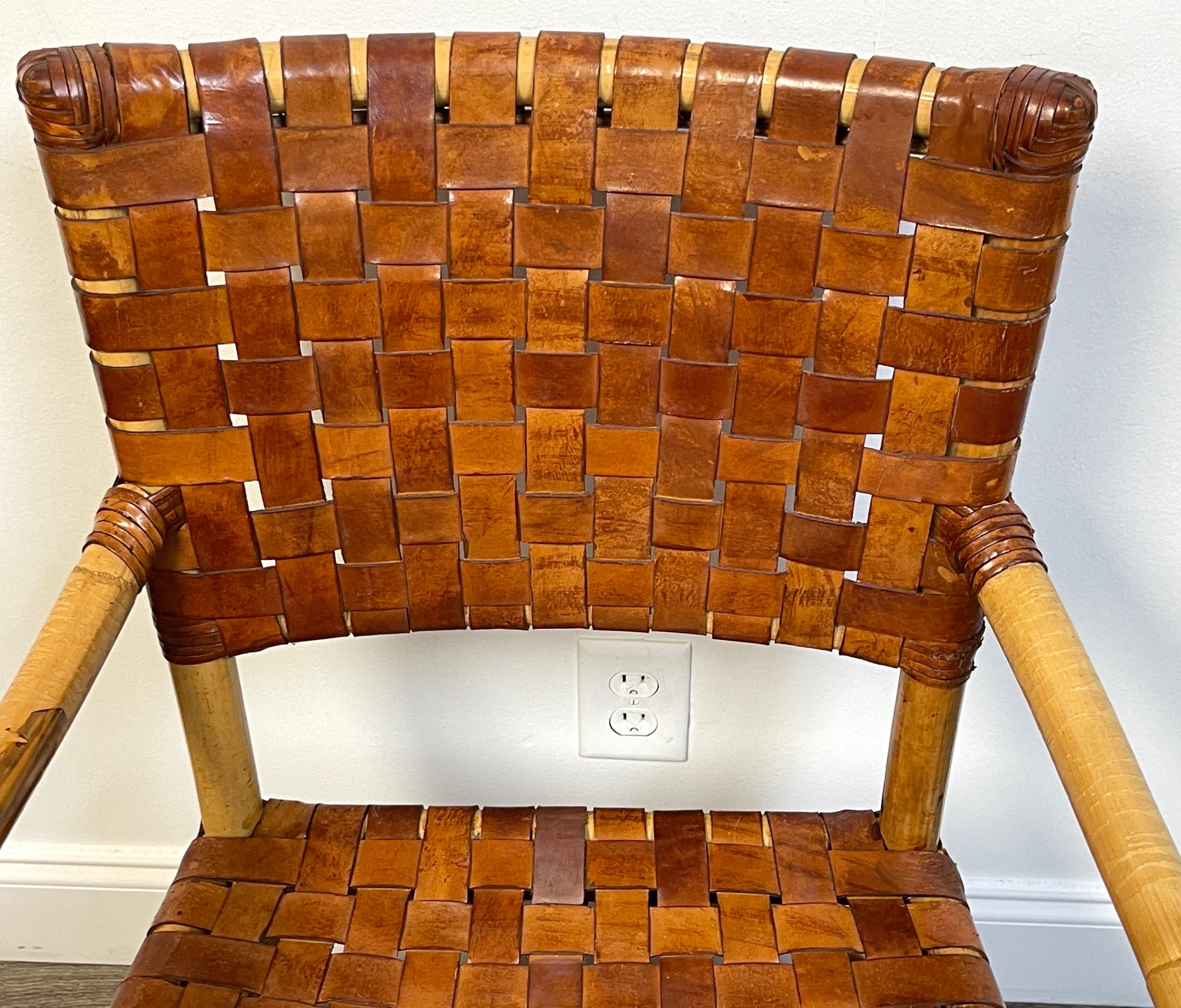 French Modern Bamboo & Woven Saddle Leather Armchair, Circa 1960s In Good Condition For Sale In West Palm Beach, FL