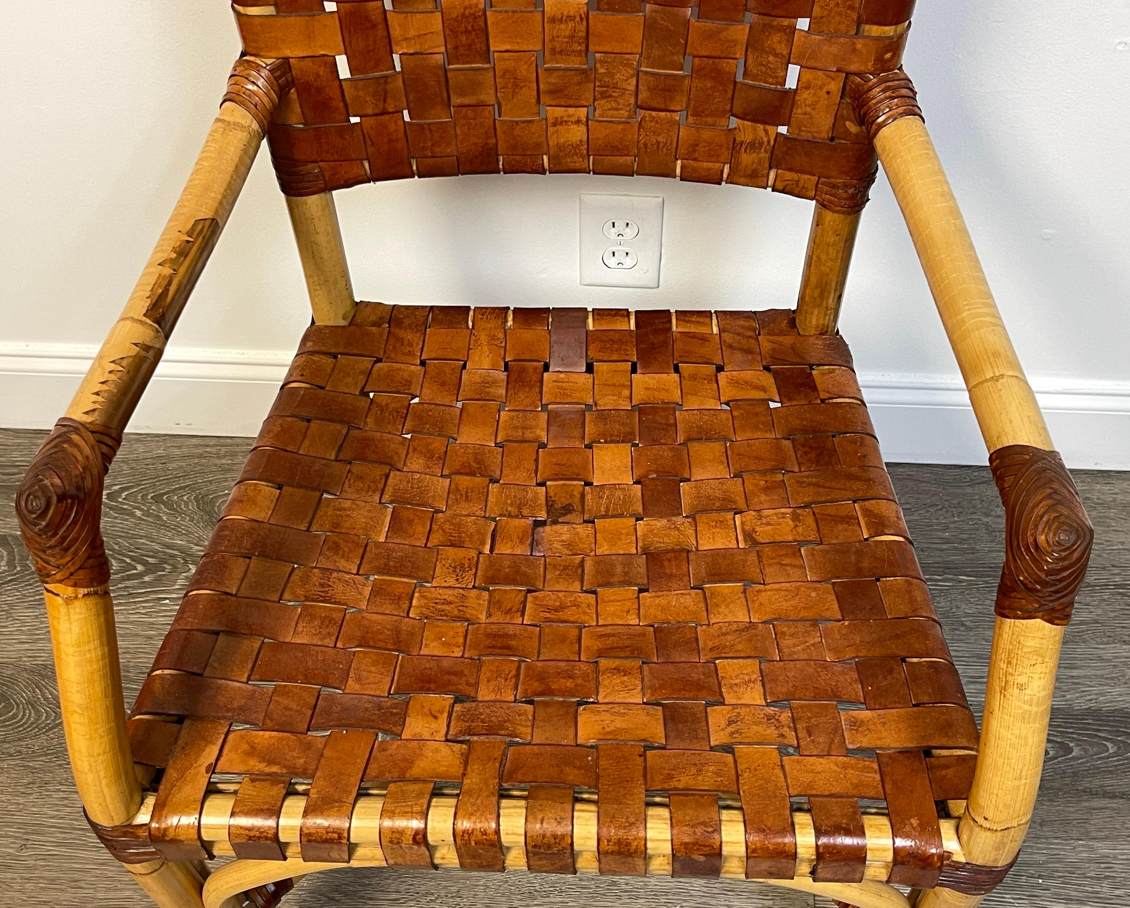 20th Century French Modern Bamboo & Woven Saddle Leather Armchair, Circa 1960s For Sale