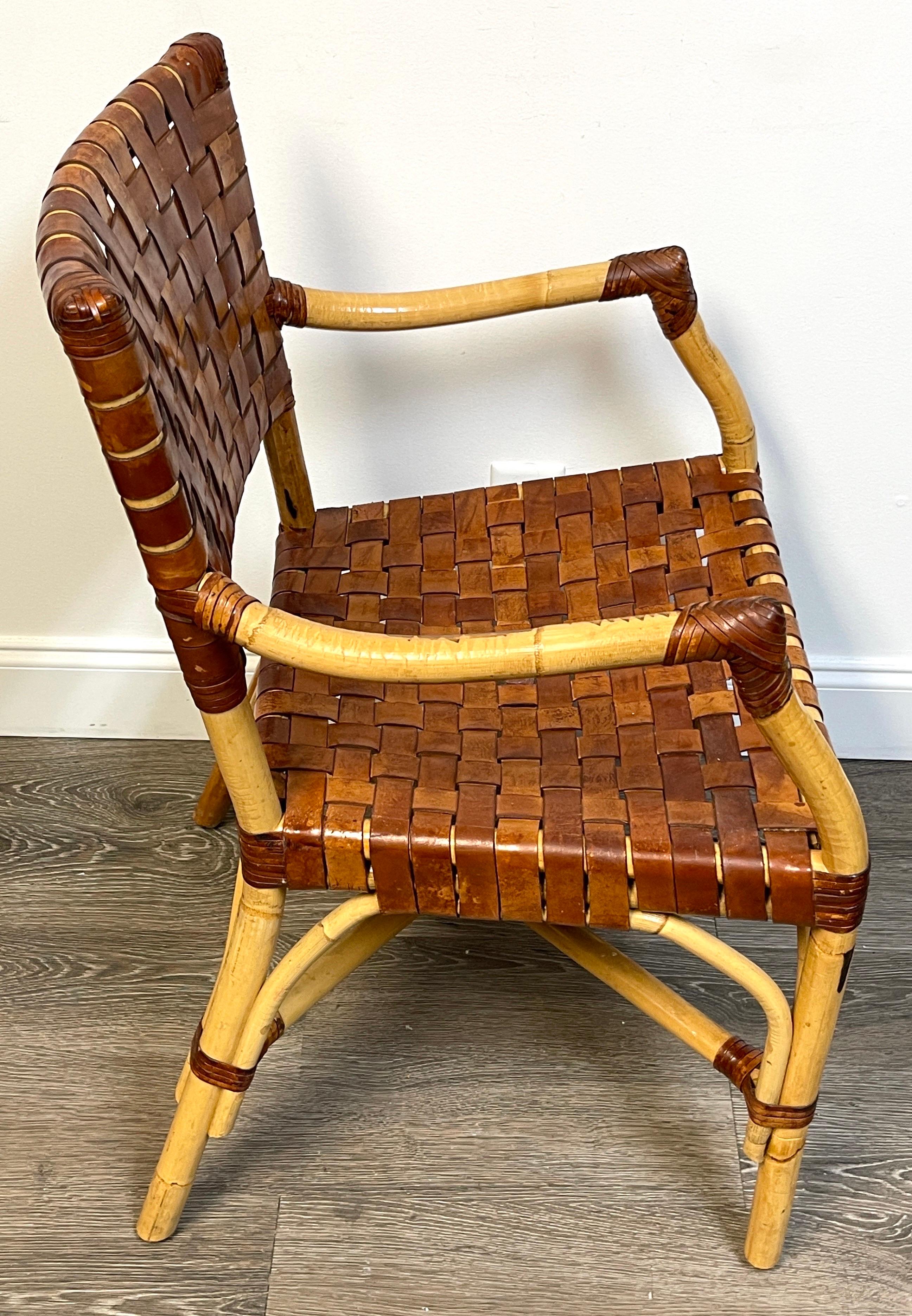 French Modern Bamboo & Woven Saddle Leather Armchair, Circa 1960s For Sale 1