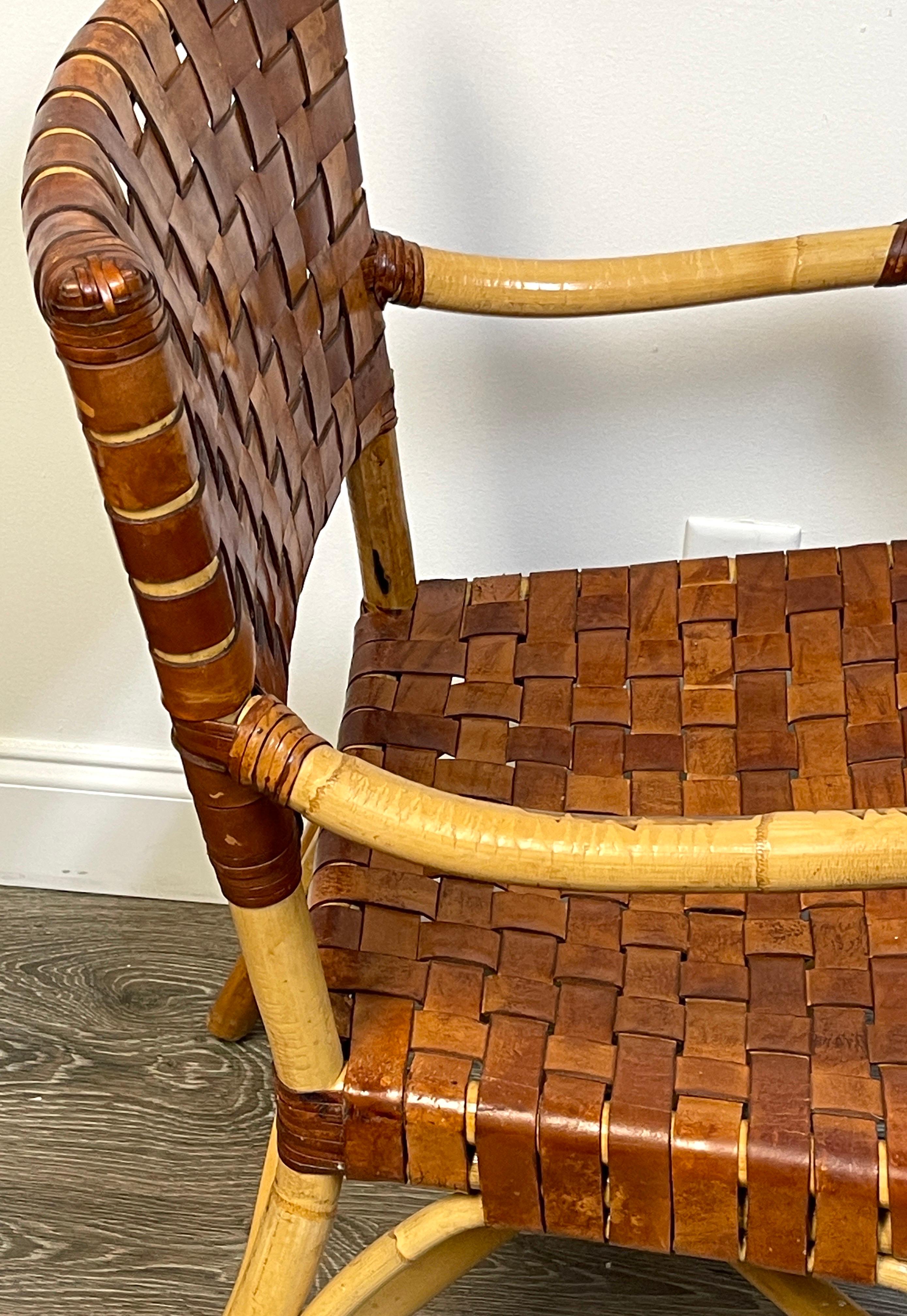 French Modern Bamboo & Woven Saddle Leather Armchair, Circa 1960s For Sale 2