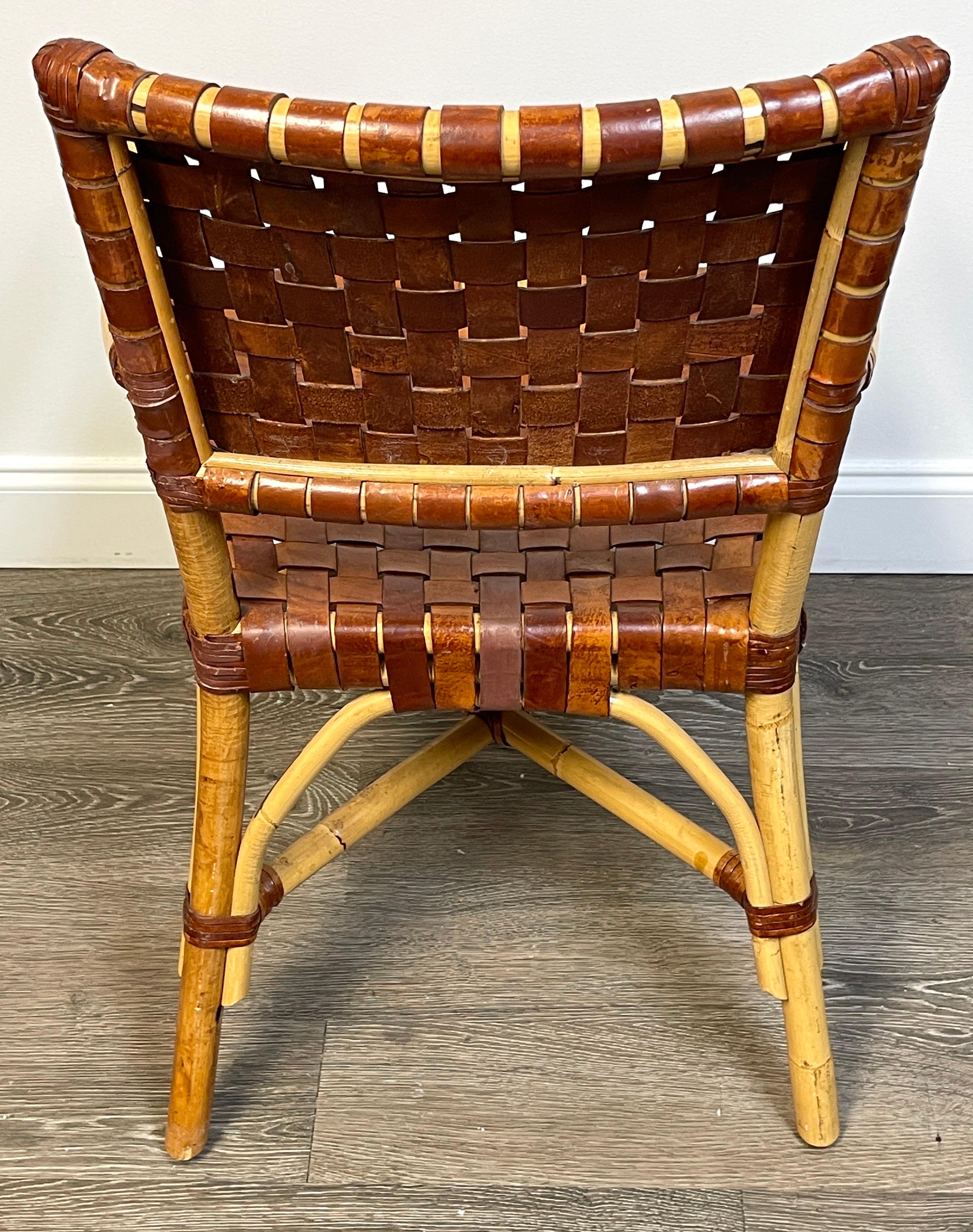 French Modern Bamboo & Woven Saddle Leather Armchair, Circa 1960s For Sale 3