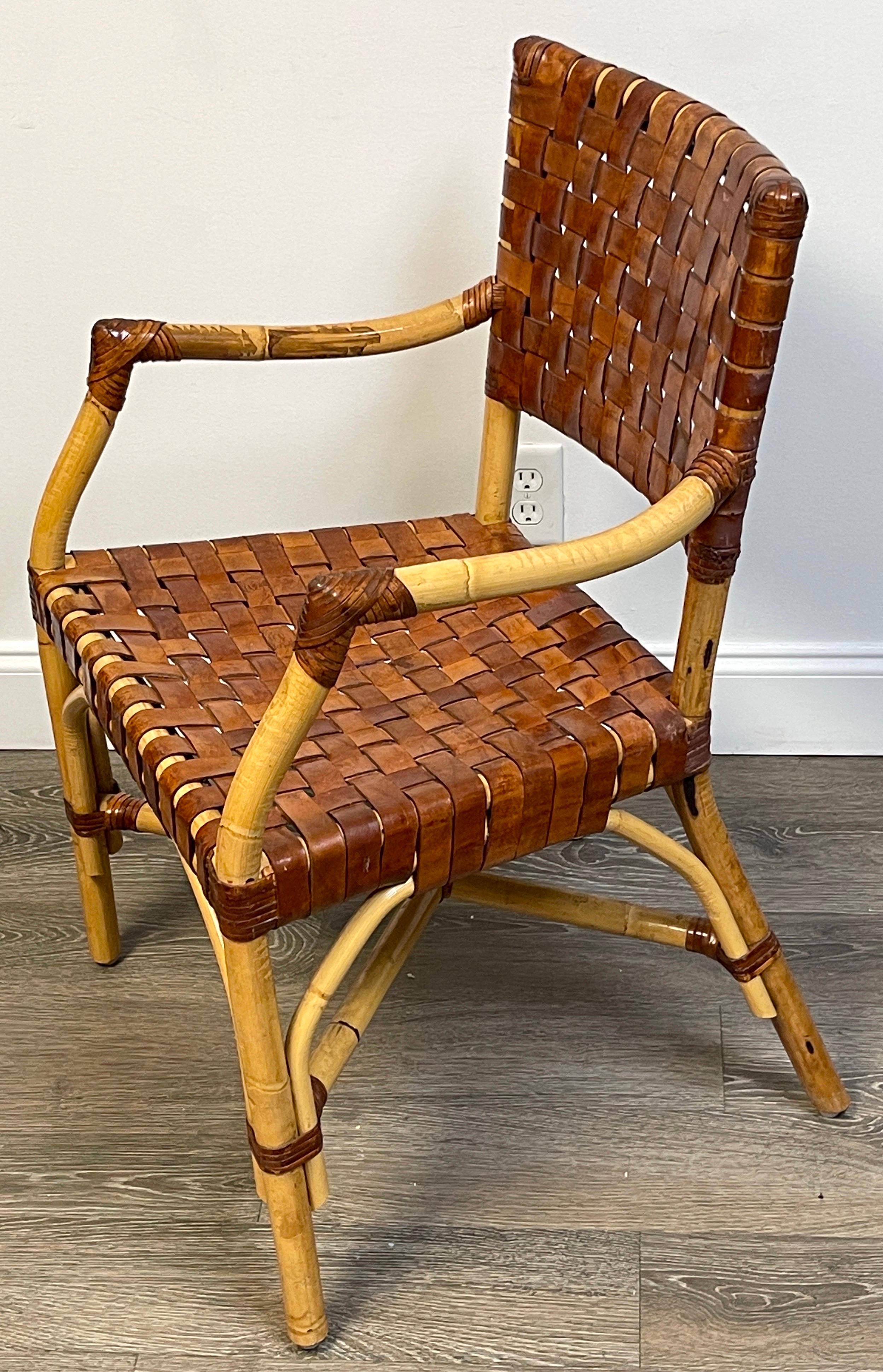 French Modern Bamboo & Woven Saddle Leather Armchair, Circa 1960s For Sale 4