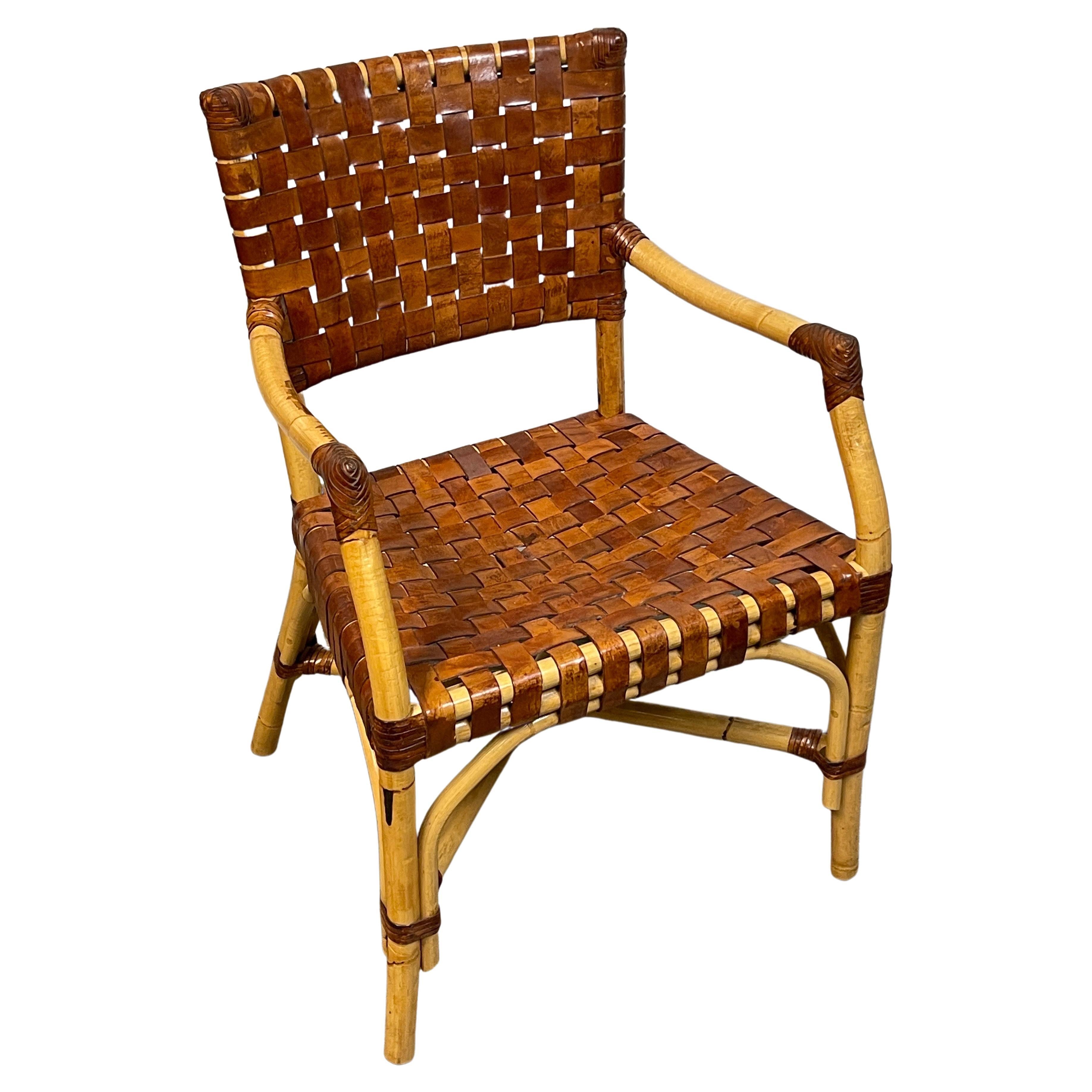French Modern Bamboo & Woven Saddle Leather Armchair, Circa 1960s