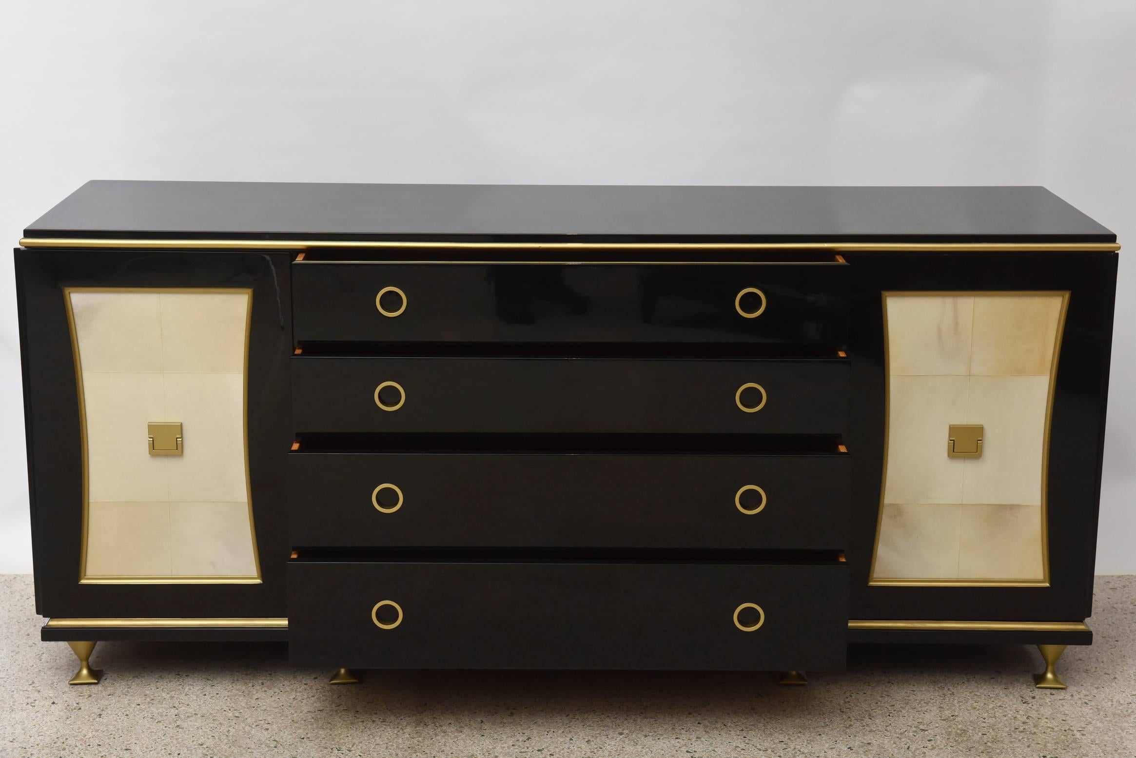 Mid-Century Modern French Modern Black Lacquer, Parchment Buffet Attributed Jacques Quinet, 1940s