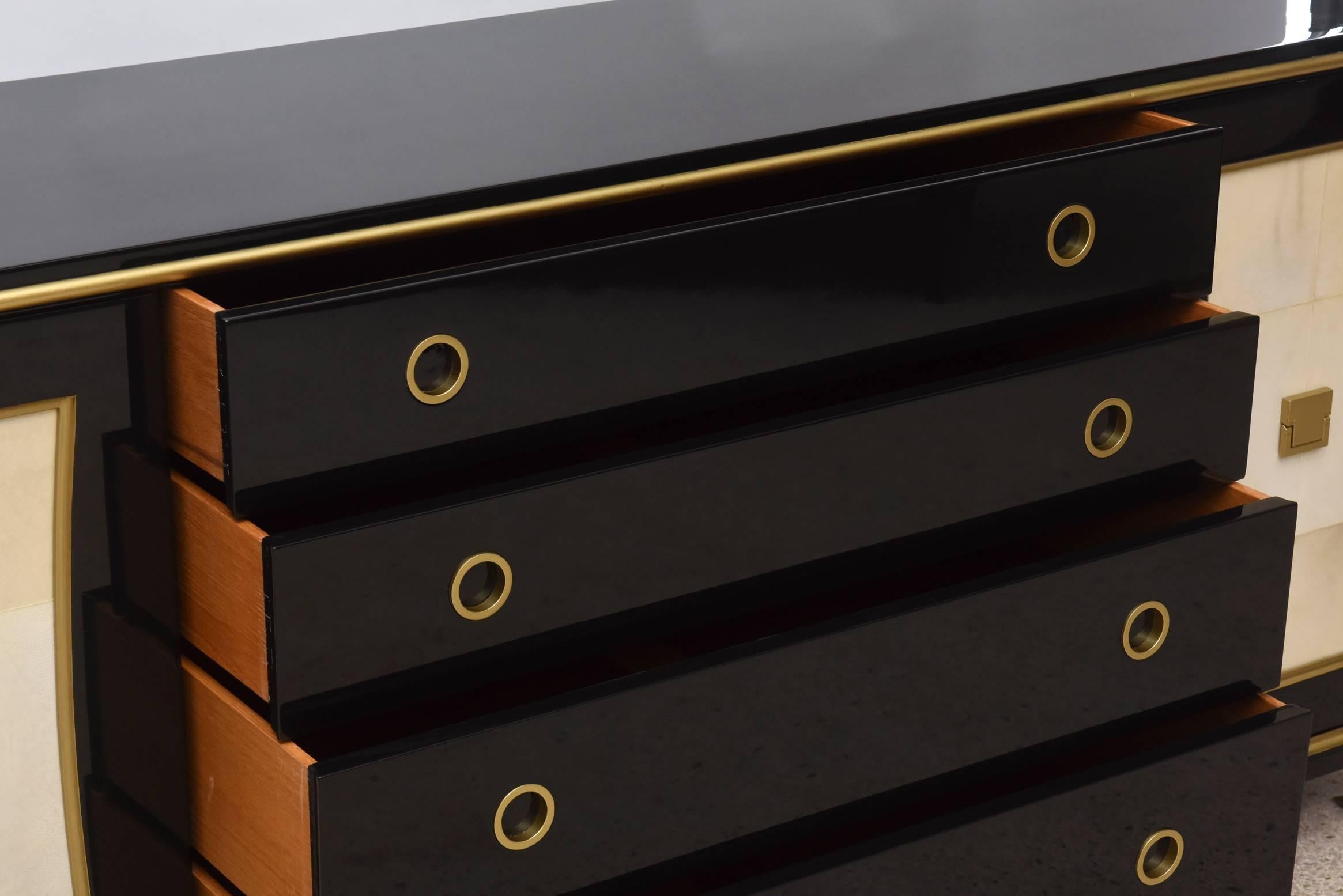 Lacquered French Modern Black Lacquer, Parchment Buffet Attributed Jacques Quinet, 1940s