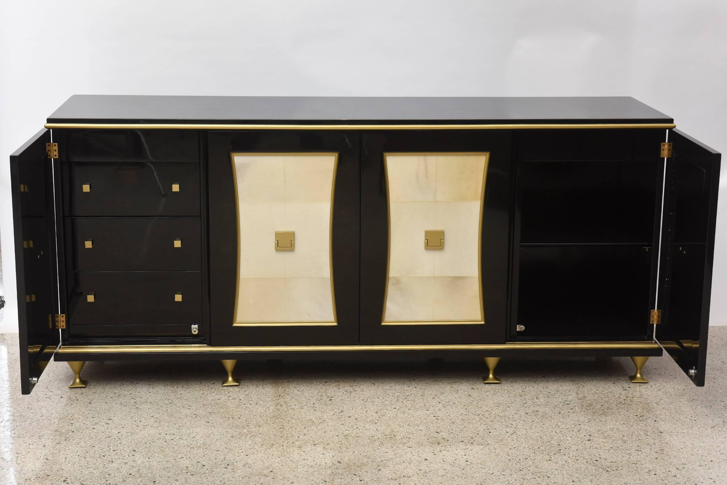French Modern Black Lacquer, Parchment Buffet Attributed Jacques Quinet, 1940s In Excellent Condition In Hollywood, FL