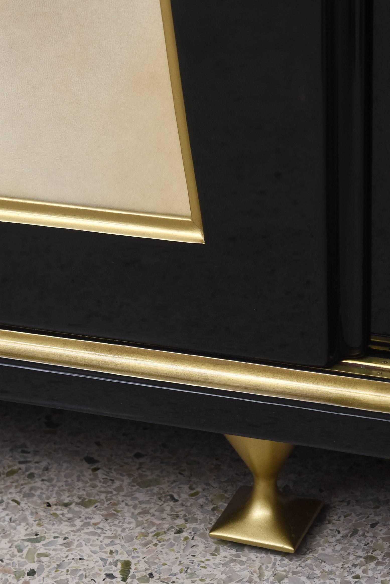 Brass French Modern Black Lacquer, Parchment Buffet Attributed Jacques Quinet, 1940s