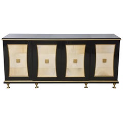 French Modern Black Lacquer, Parchment Buffet Attributed Jacques Quinet, 1940s