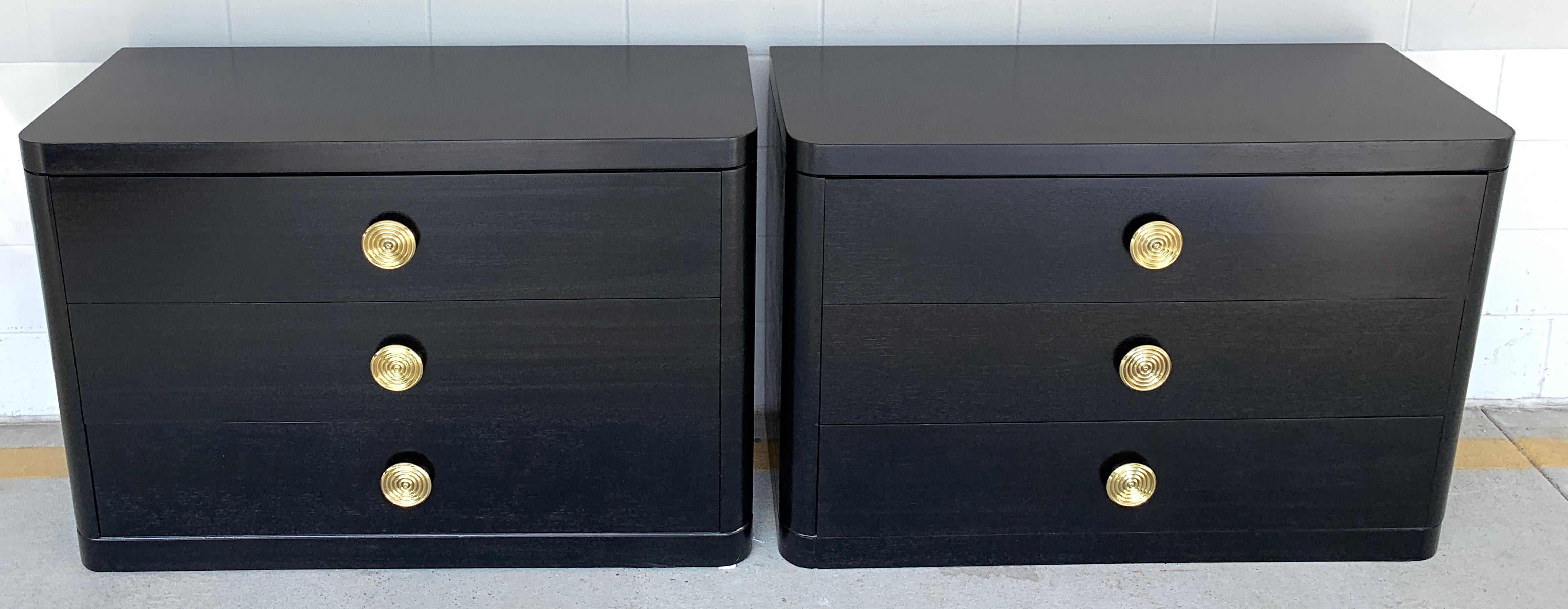 French modern black lacquered chest, two available
Each one of demilune form, fitted with three 45