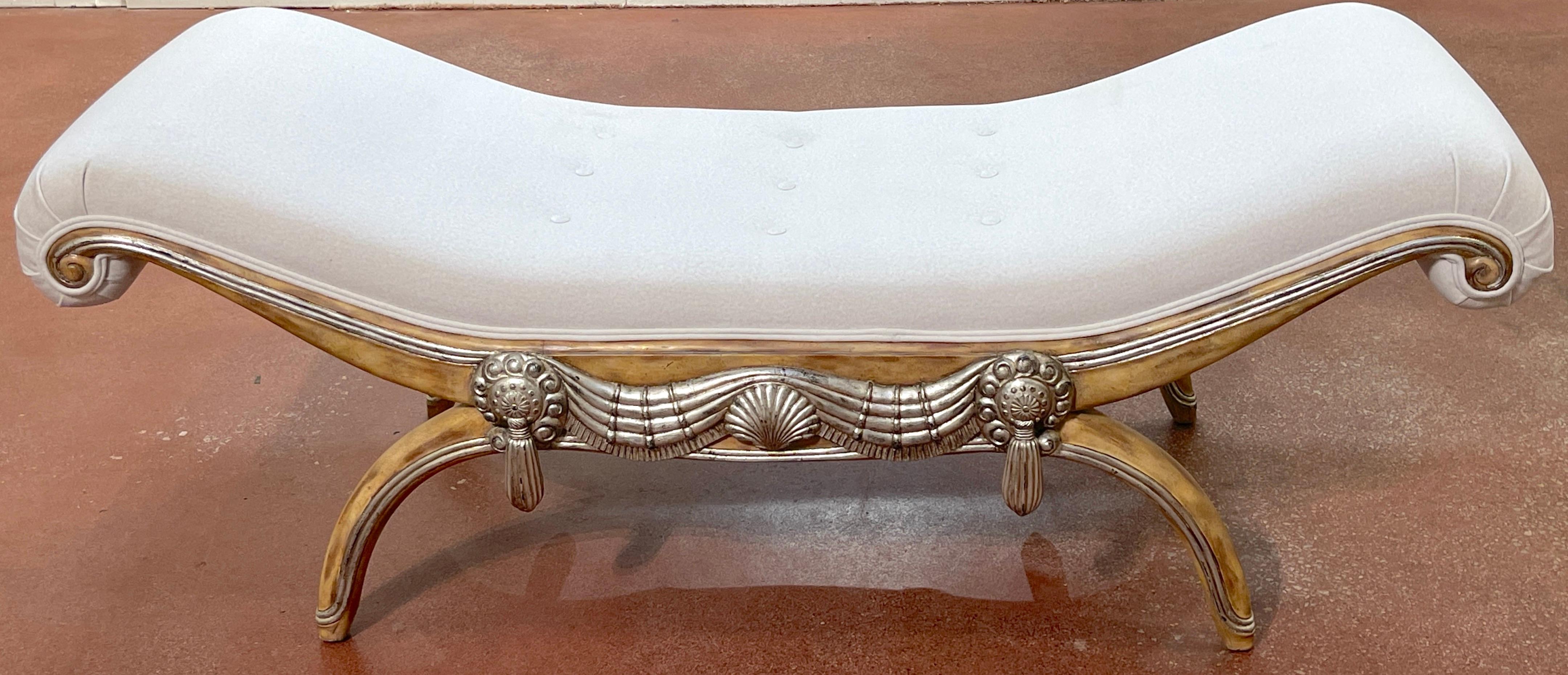 French Modern Bleached & Silverleaf Curule Bench with Cashmere Upholstery 
France, Circa 1950s 

A glamorous French modern bleached & silverleaf curule bench, embodies the epitome of sophistication and French modern design. Made in France circa