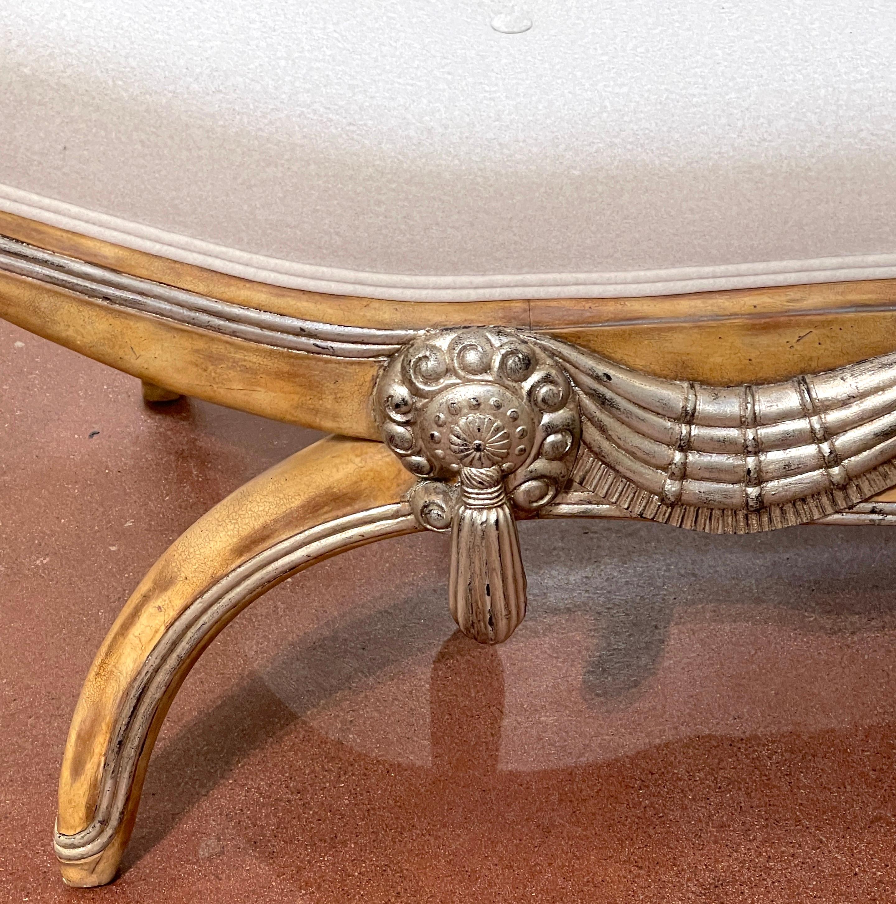 20th Century French Modern Bleached & Silverleaf Curule Bench with Cashmere Upholstery  For Sale
