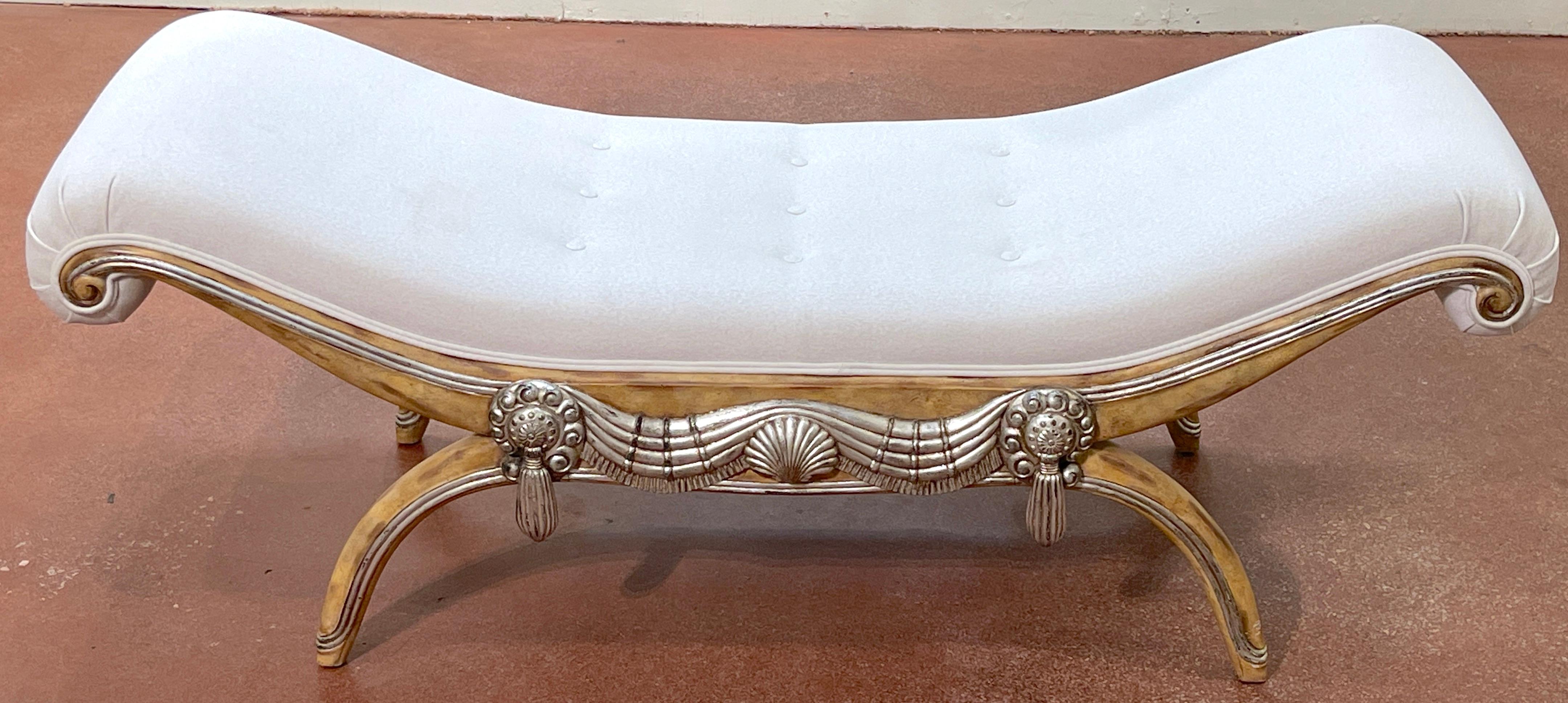 French Modern Bleached & Silverleaf Curule Bench with Cashmere Upholstery  For Sale 3