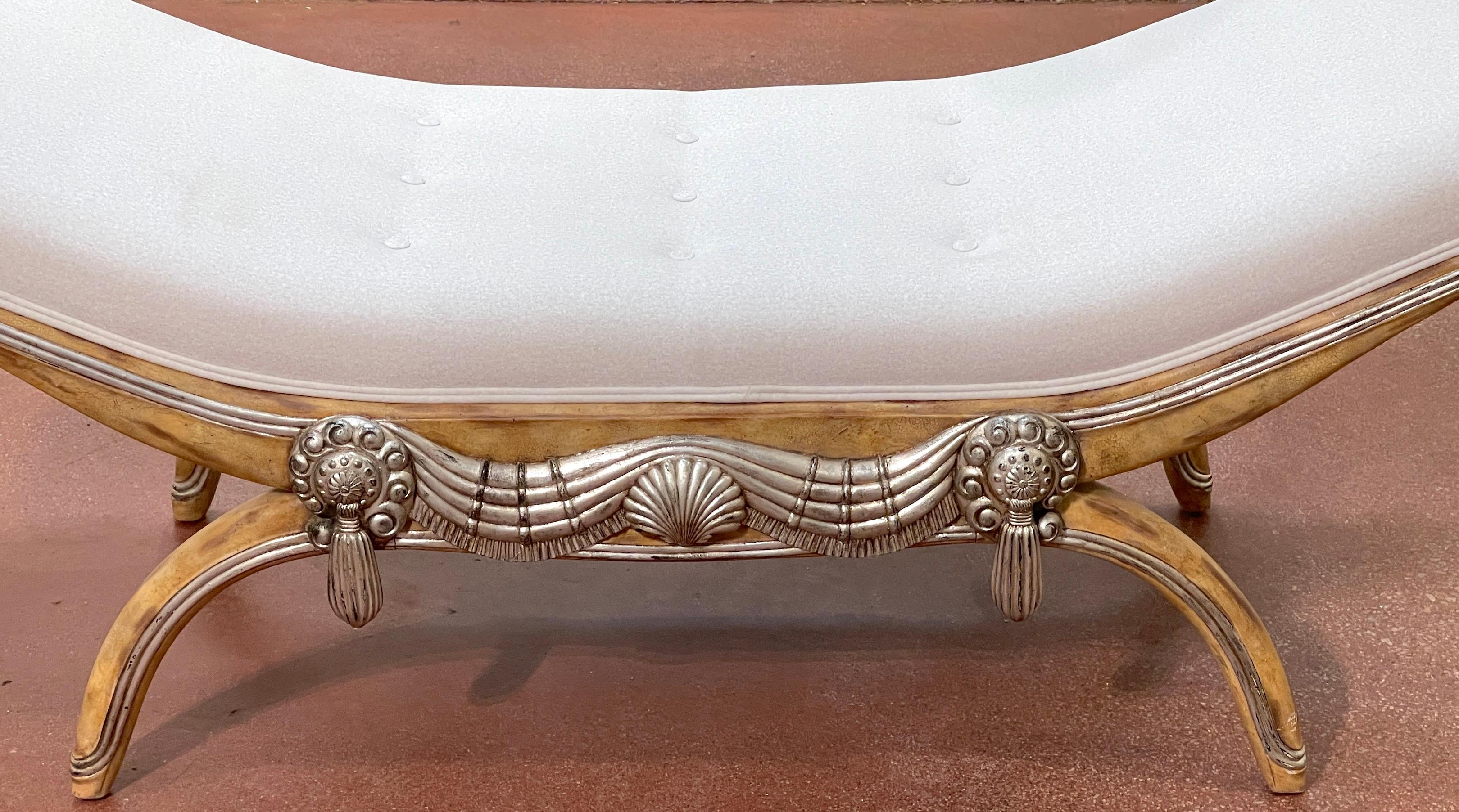 French Modern Bleached & Silverleaf Curule Bench with Cashmere Upholstery  For Sale 4