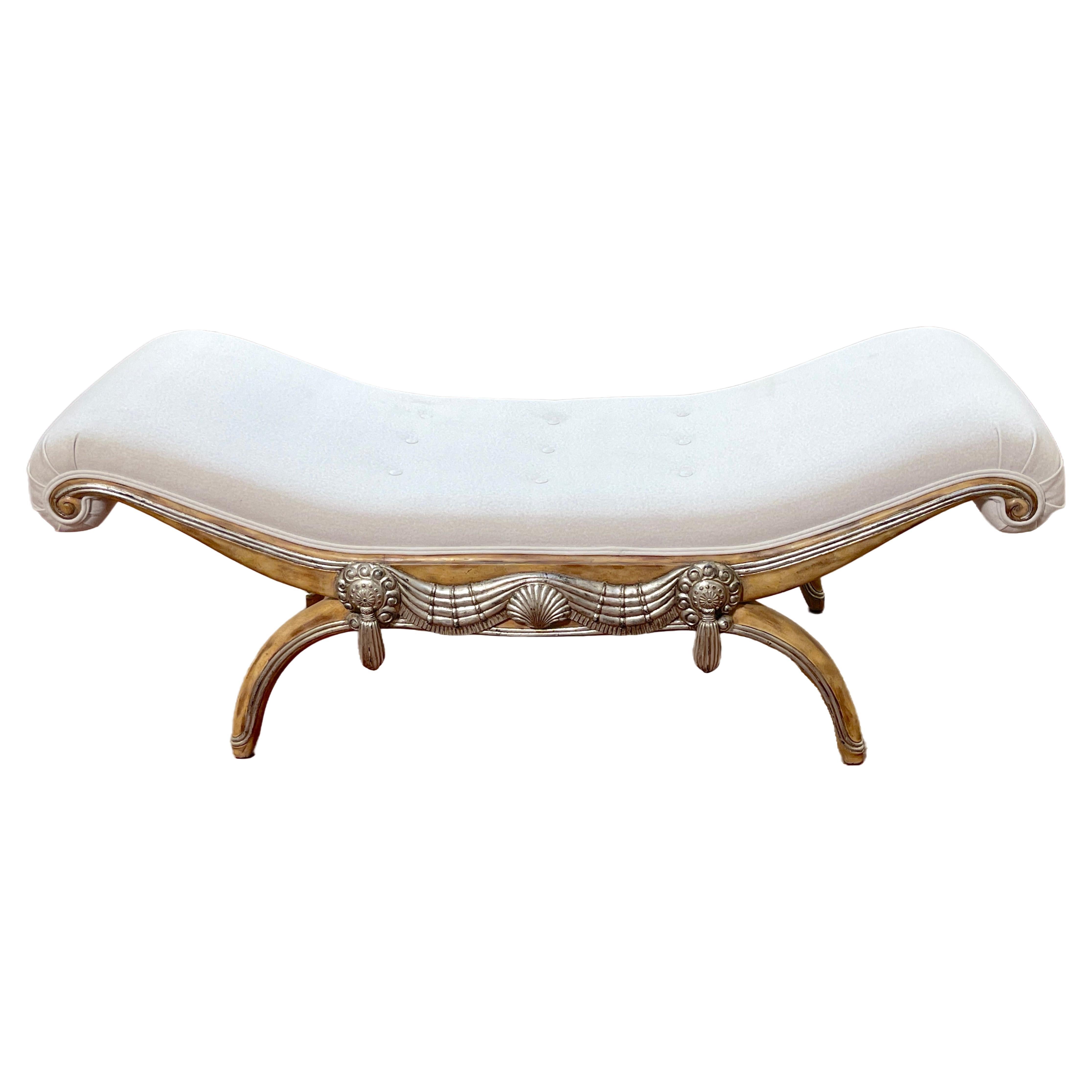 French Modern Bleached & Silverleaf Curule Bench with Cashmere Upholstery  For Sale