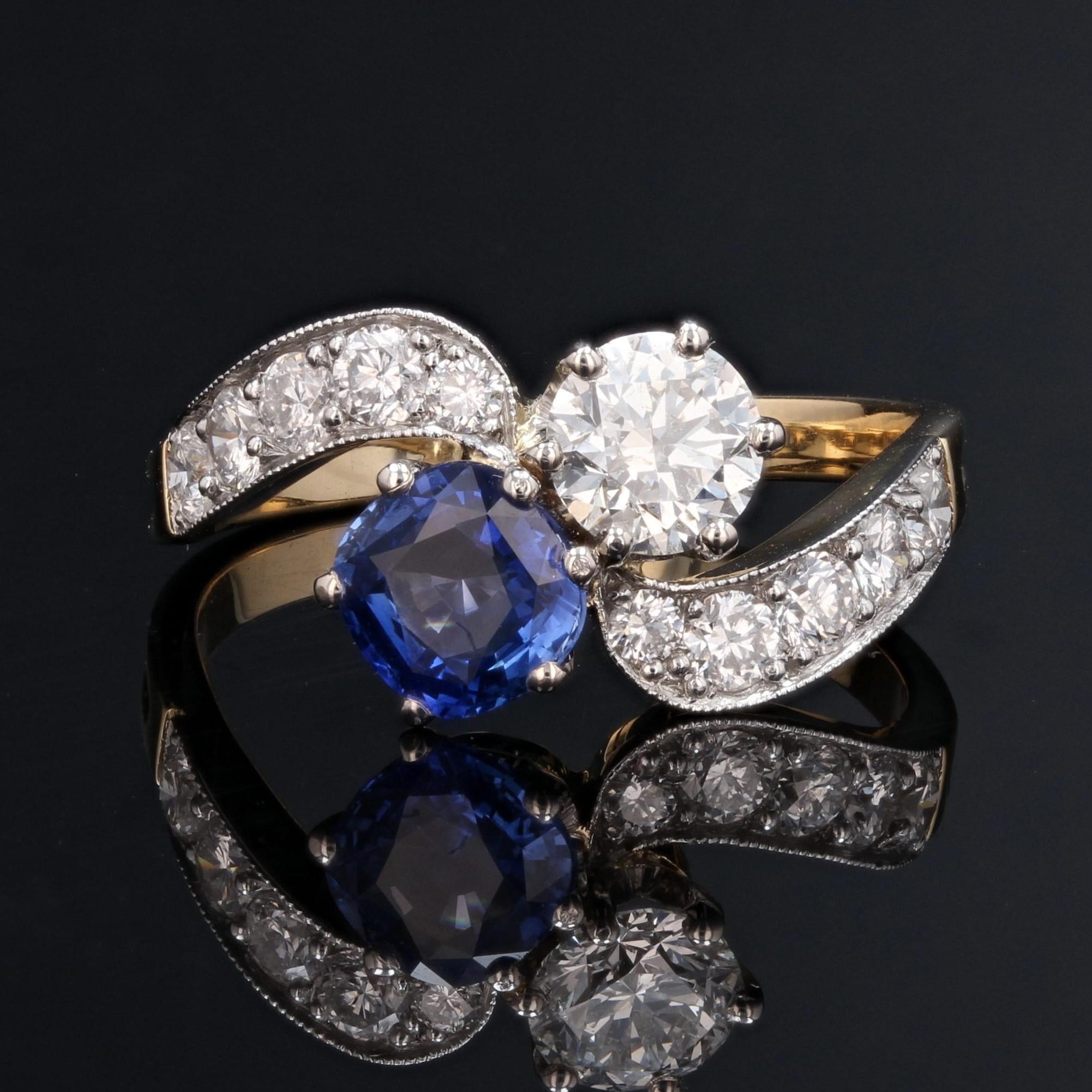 Cushion Cut French Modern Blue Sapphire Diamonds 18 Karat Yellow Gold You and Me Ring For Sale