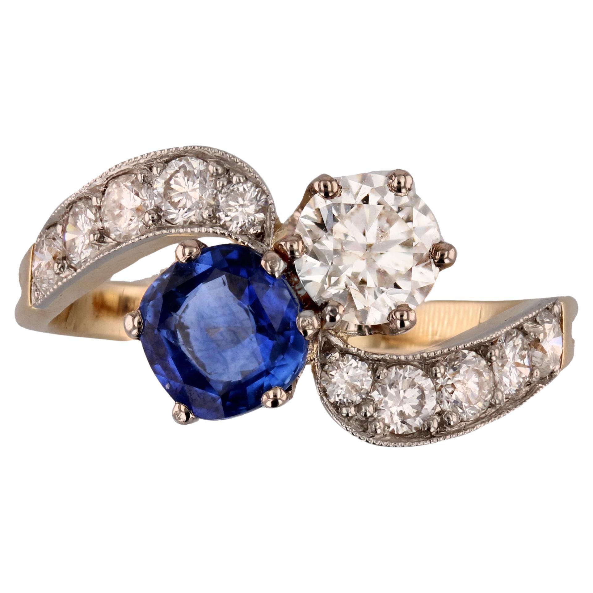 French Modern Blue Sapphire Diamonds 18 Karat Yellow Gold You and Me Ring For Sale