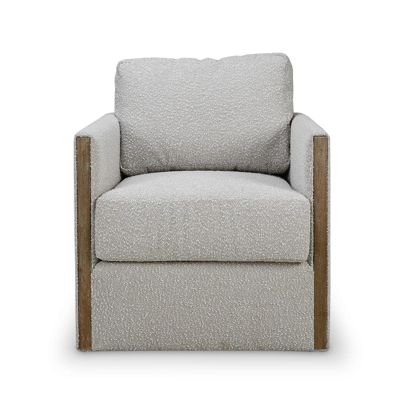 Eine perfekte Mischung aus modernem Design und luxuriösem Komfort. Dieser exquisite Sessel zeichnet sich durch ein schlankes, modernes Gestell aus, das mit einem hochwertigen Boucle-Sand-Stoff gepolstert ist. Die Akzente aus Massivholz, die in einem