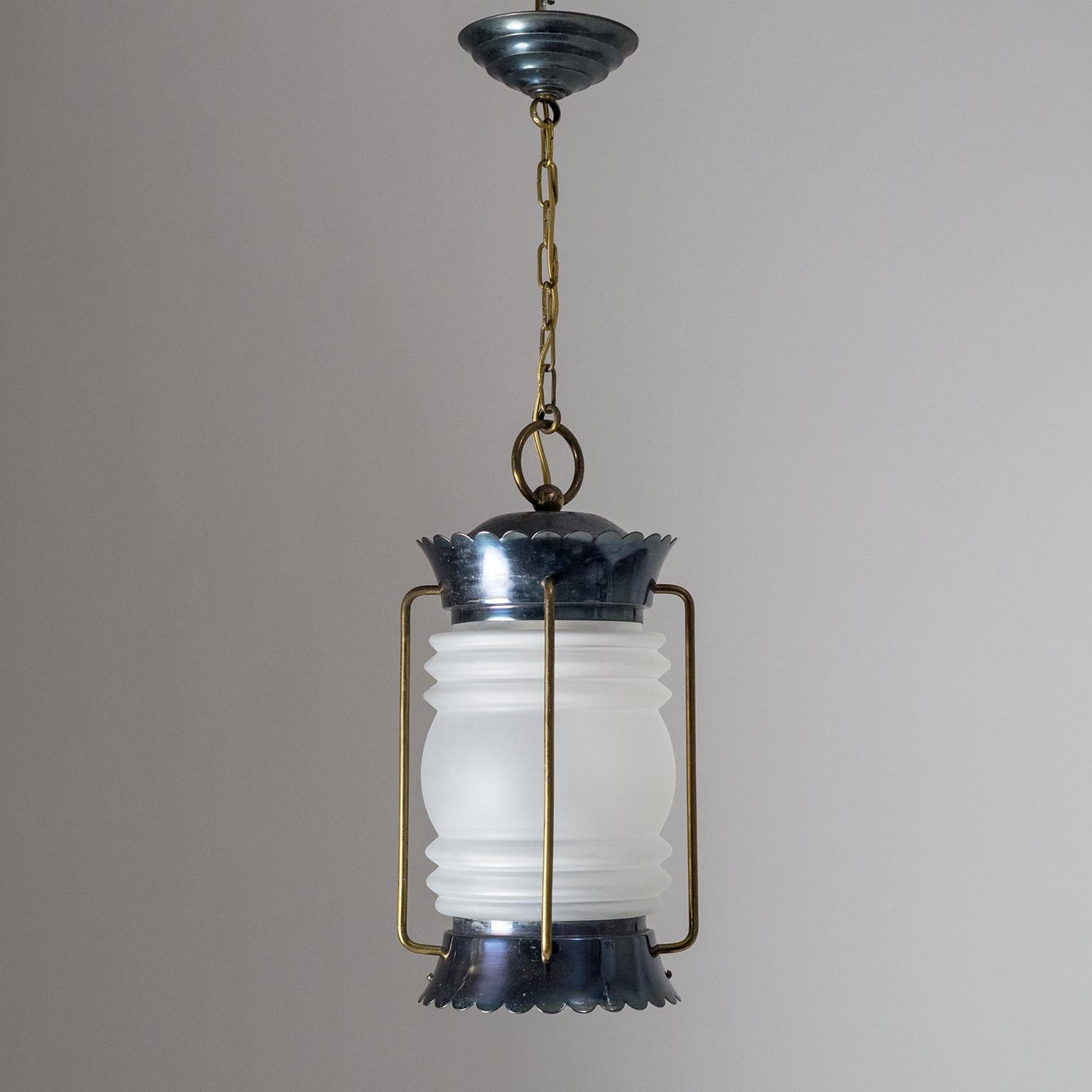 French Modern Brass and Satin Glass Lantern, 1950s 4