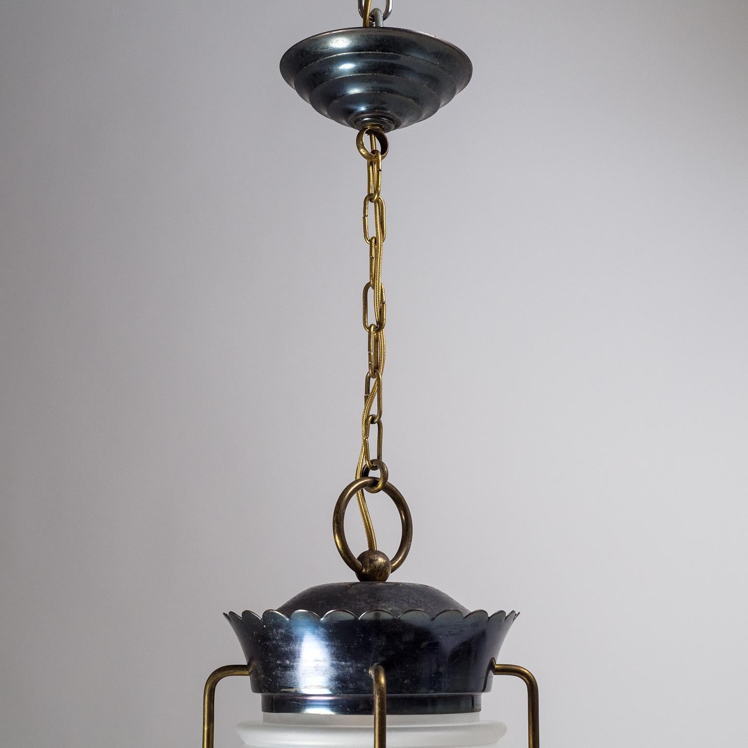 French Modern Brass and Satin Glass Lantern, 1950s 8