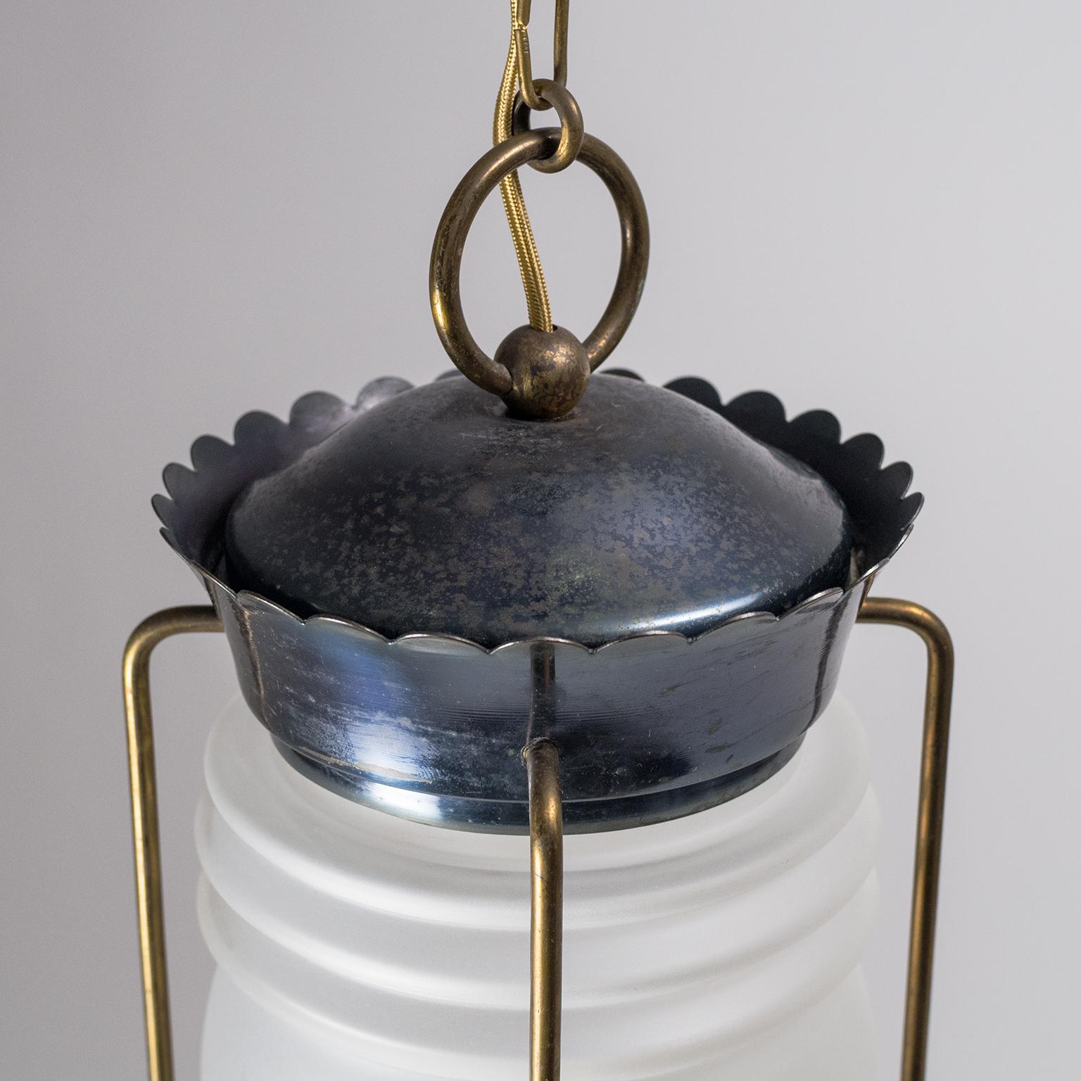 French Modern Brass and Satin Glass Lantern, 1950s 9