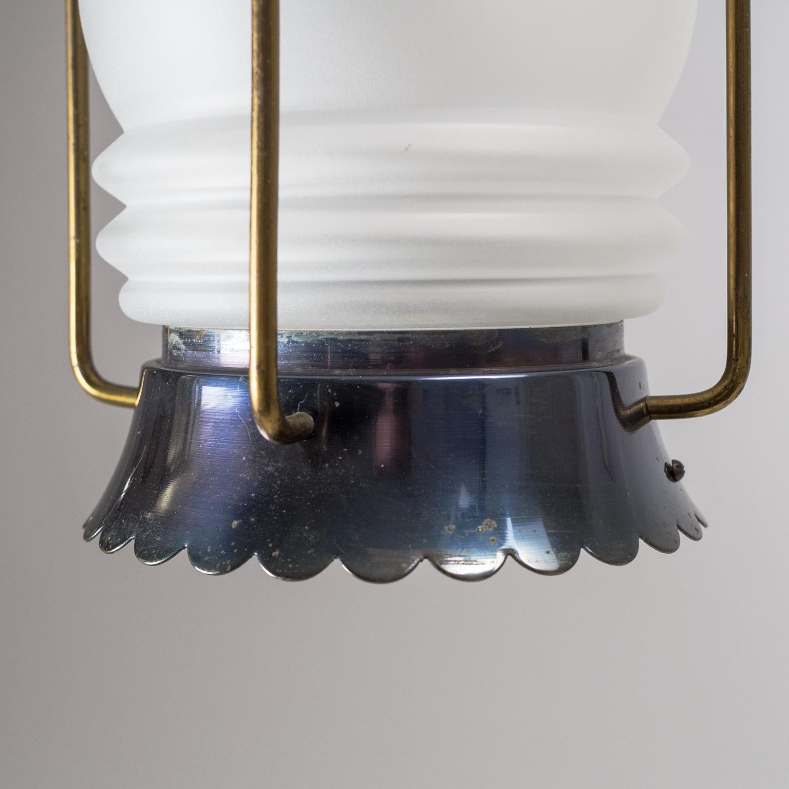 French Modern Brass and Satin Glass Lantern, 1950s 10