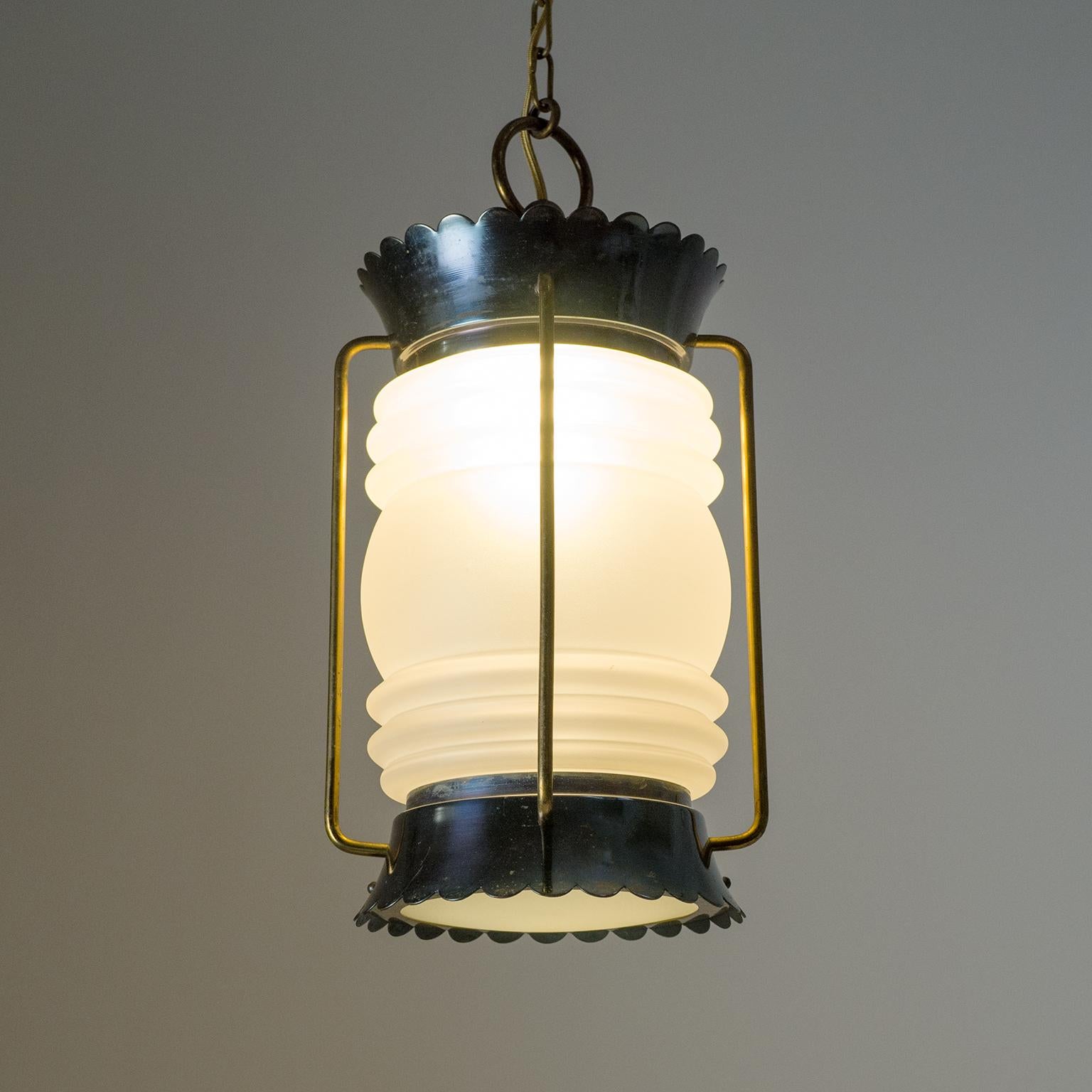 Frosted French Modern Brass and Satin Glass Lantern, 1950s