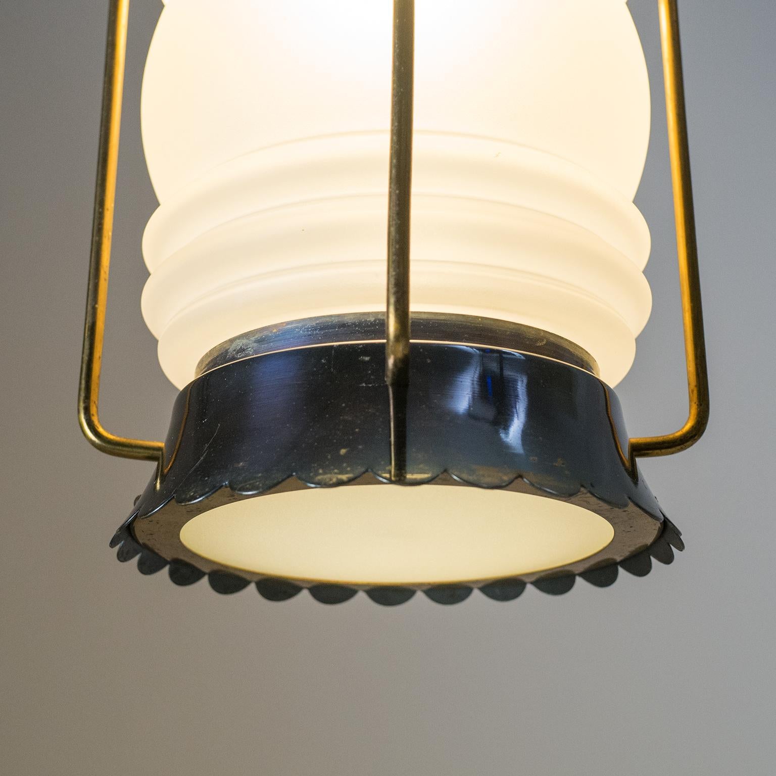 French Modern Brass and Satin Glass Lantern, 1950s In Good Condition In Vienna, AT