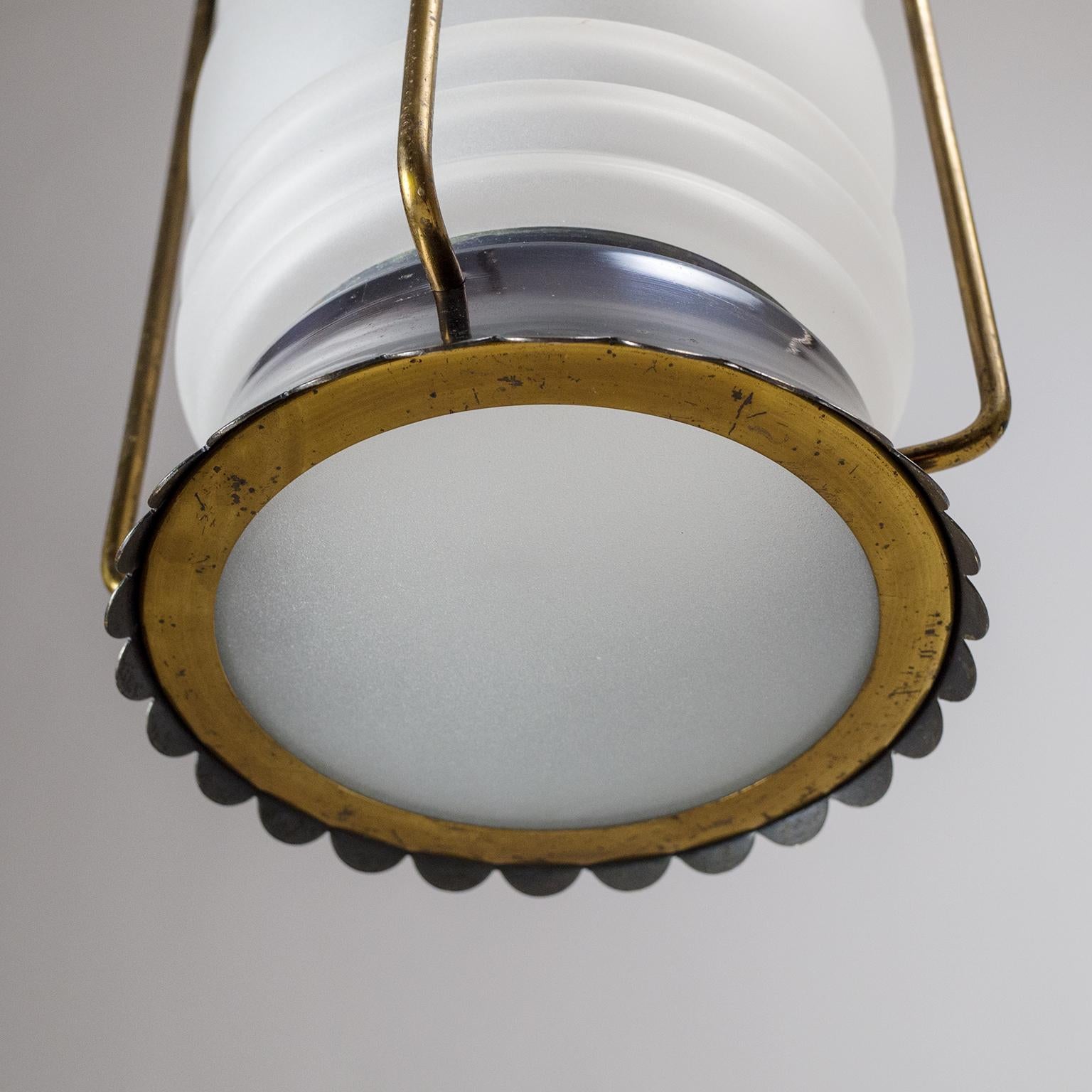Mid-20th Century French Modern Brass and Satin Glass Lantern, 1950s