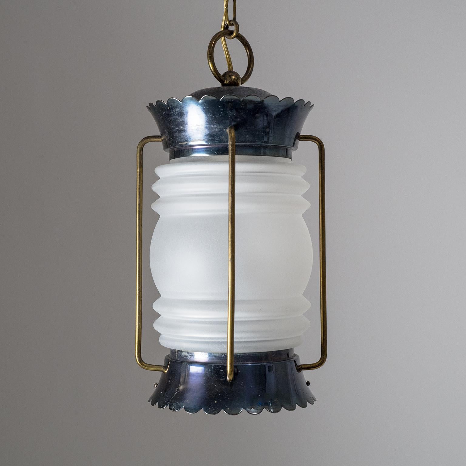French Modern Brass and Satin Glass Lantern, 1950s 3