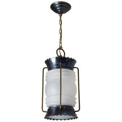 French Modern Brass and Satin Glass Lantern, 1950s