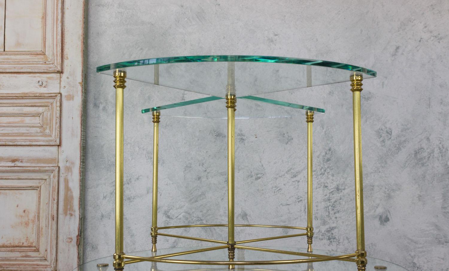 20th Century French Modern Brass Coffee Table and Nesting Tables Ensemble with Clear Glass For Sale