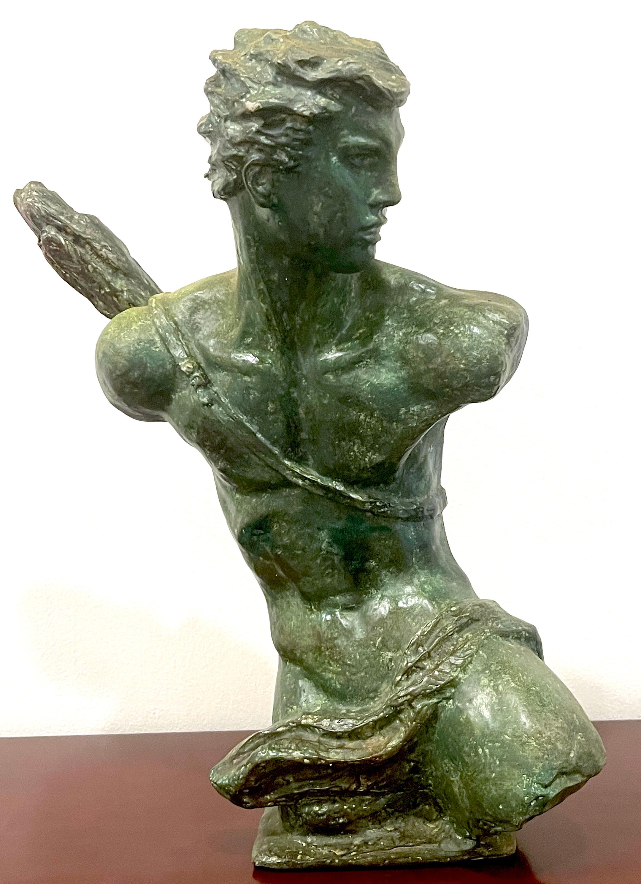 French Modern Bronze Clad Sculpture of Hermes 
France, 20th century 

This fine French modern bronze sculpture depicts a 3/4 bust of Hermes, known to the Romans as Mercury. Hermes, the messenger of the Olympic gods and son of Zeus and Maia, is a