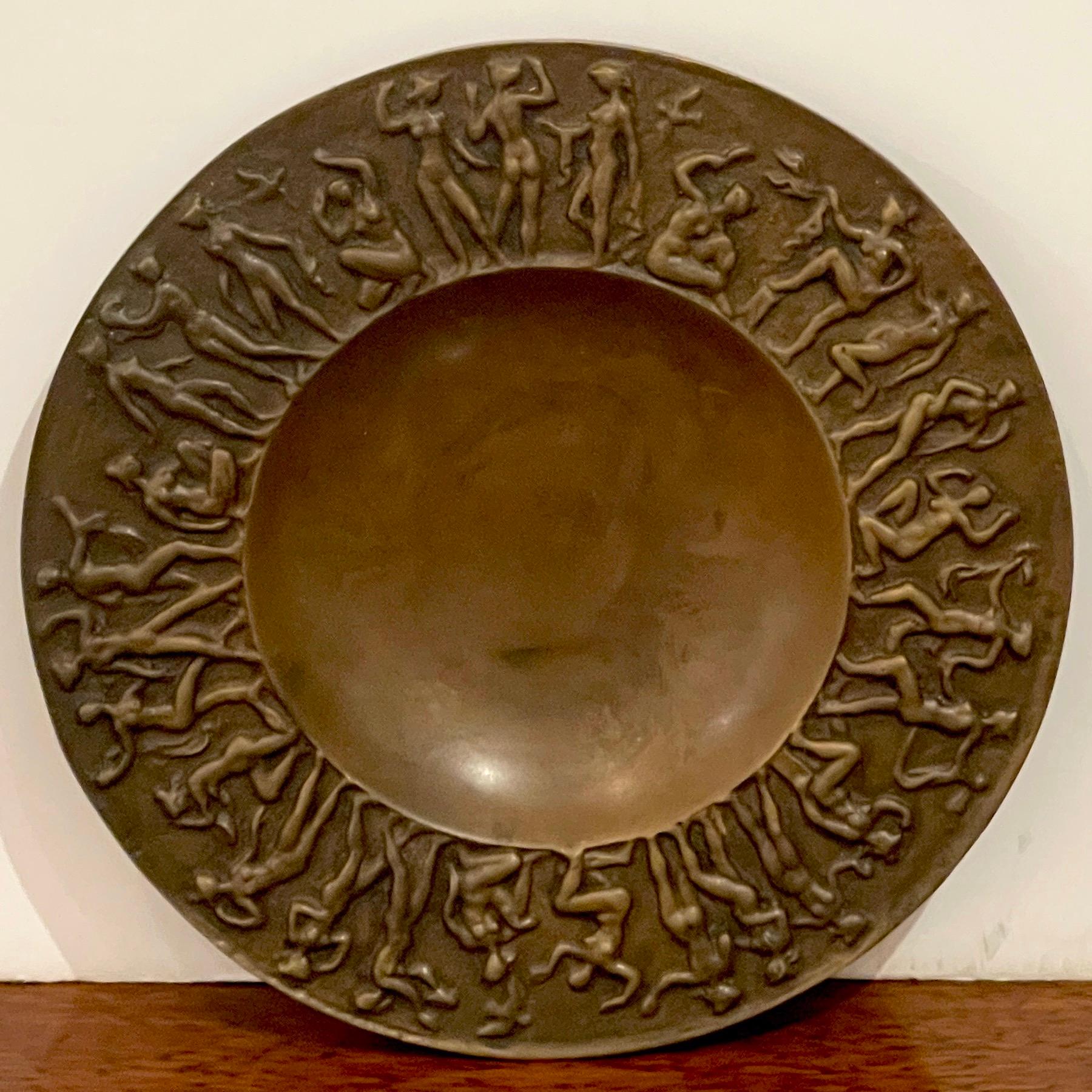Vide-Poche français moderne en bronze, nus féminins dansants, avec une coupe centrale de 4 pouces, estampillé 