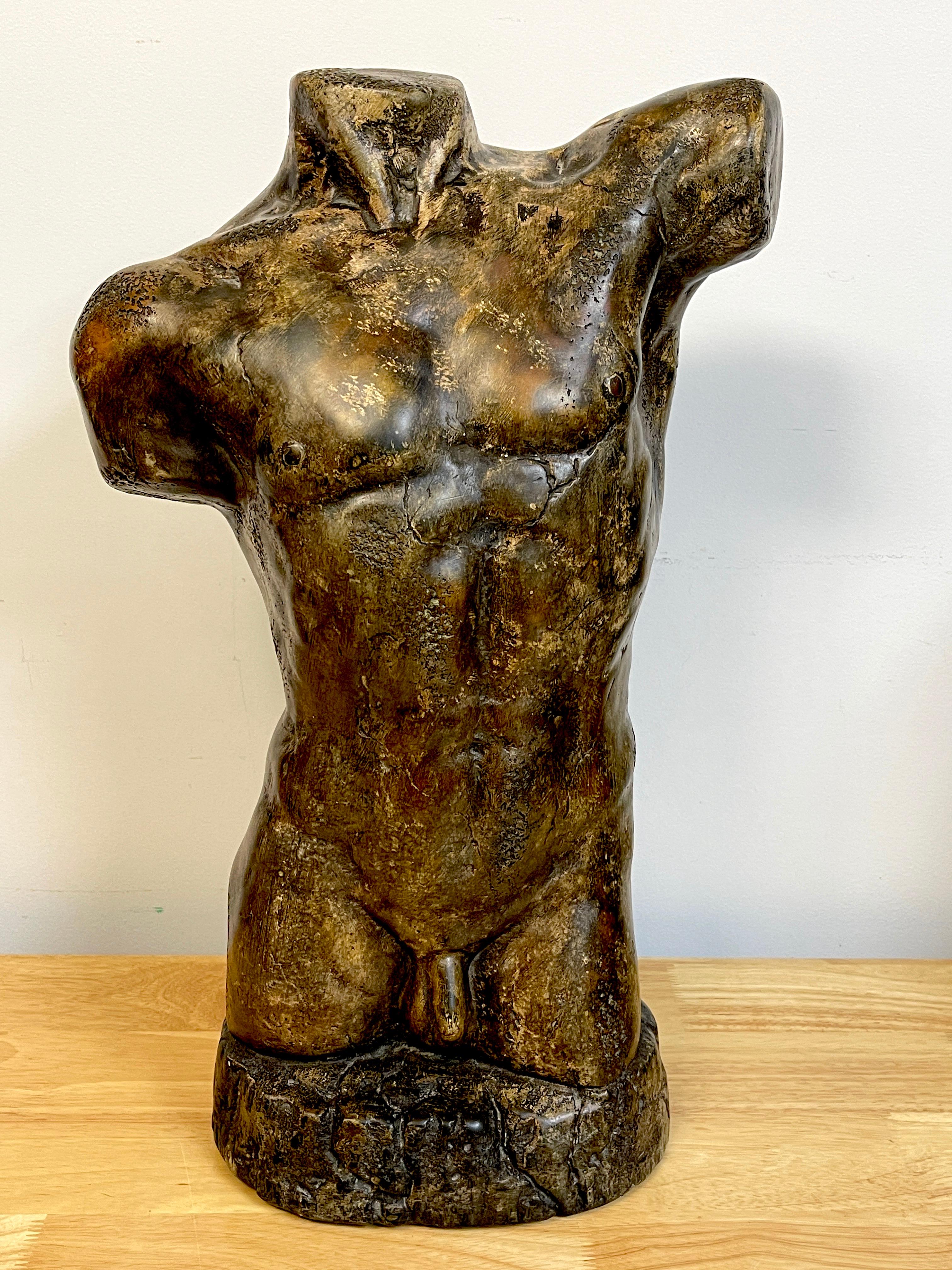 French modern bronzed plaster sculpture of a male nude torso, possibly a Maquette. Unsigned.
A bold, well modeled sculpture, with a beautiful patina and texture. Its a substantial work period work. 
The sculpture base measures Inches wide x