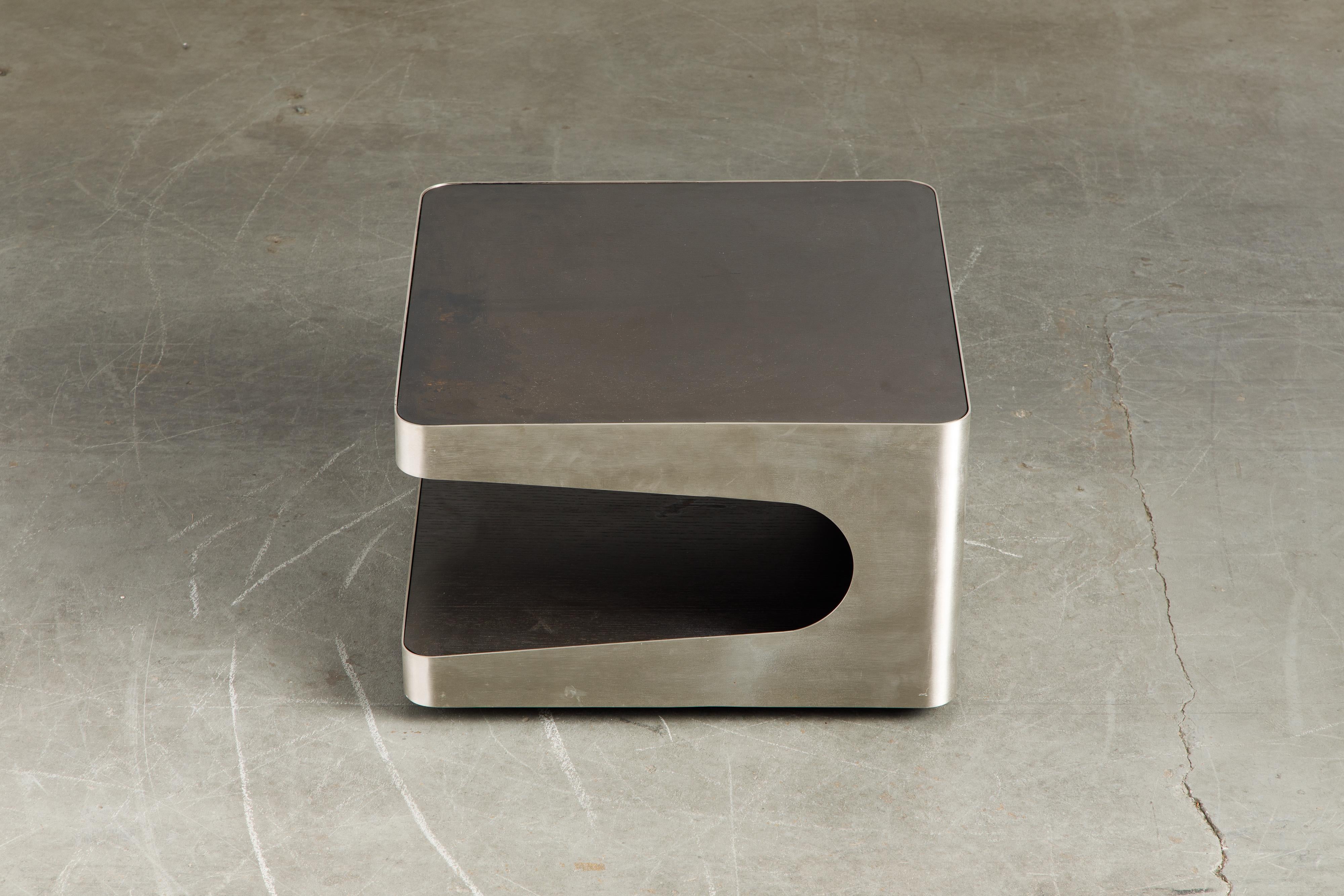 French Modern Brushed Stainless Steel Two-Tiered Coffee or End Table, 1970s 7