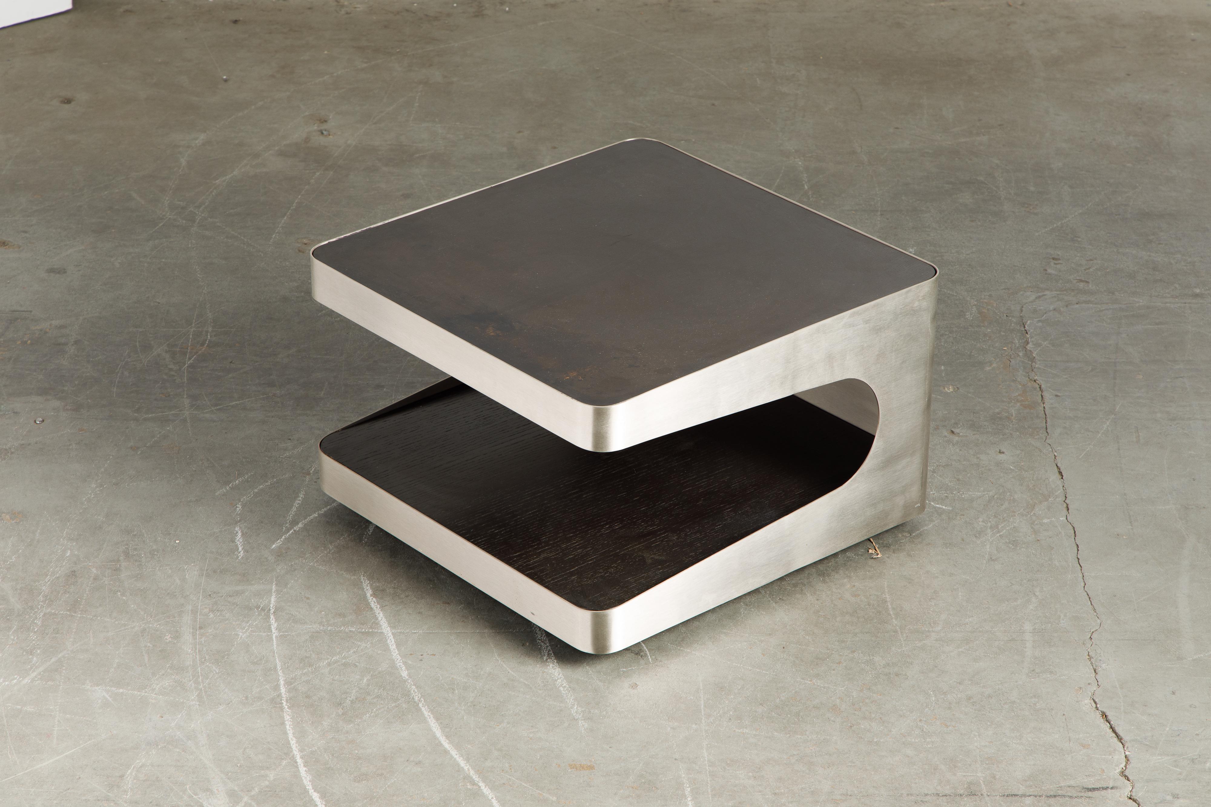 French Modern Brushed Stainless Steel Two-Tiered Coffee or End Table, 1970s 9