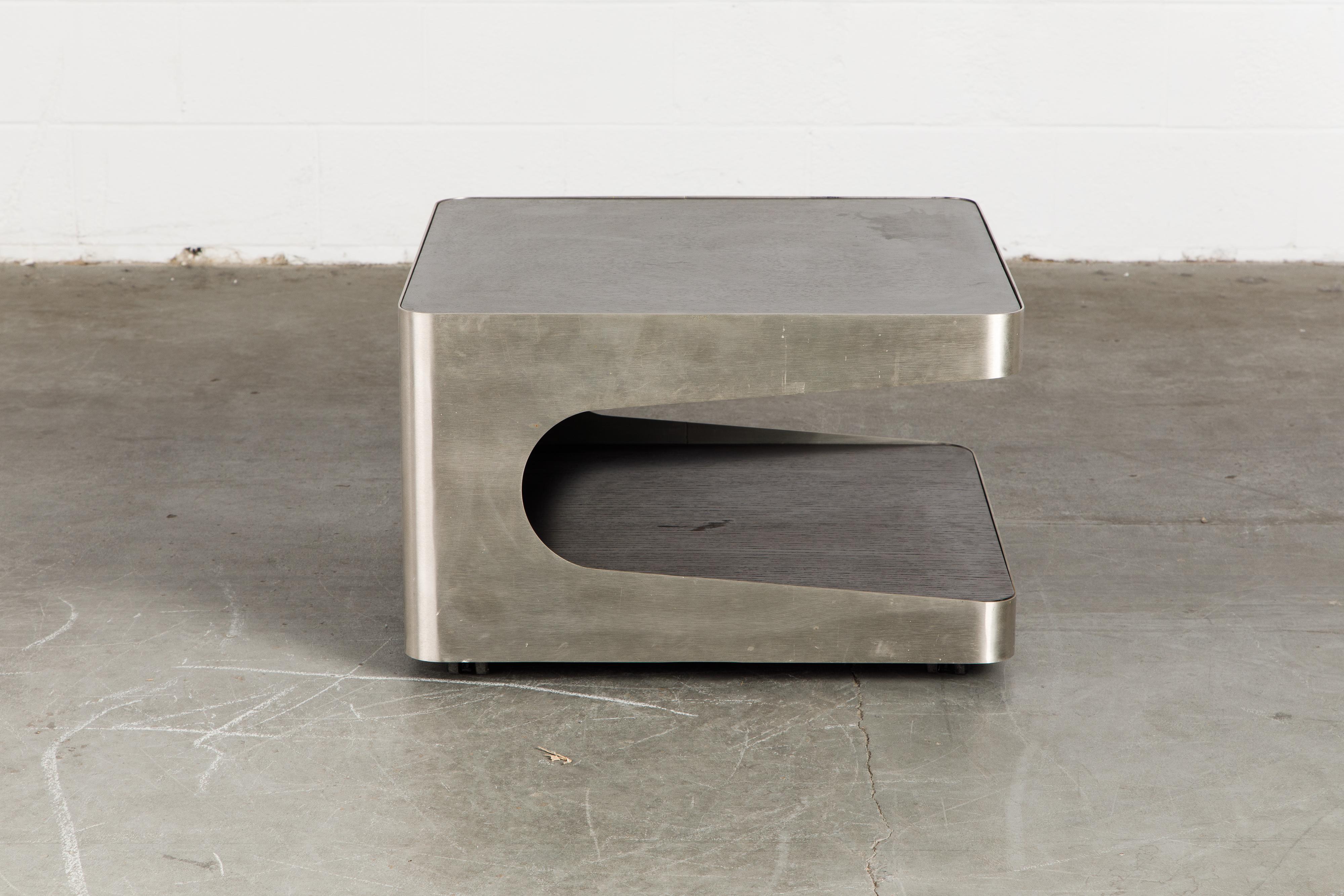 Late 20th Century French Modern Brushed Stainless Steel Two-Tiered Coffee or End Table, 1970s