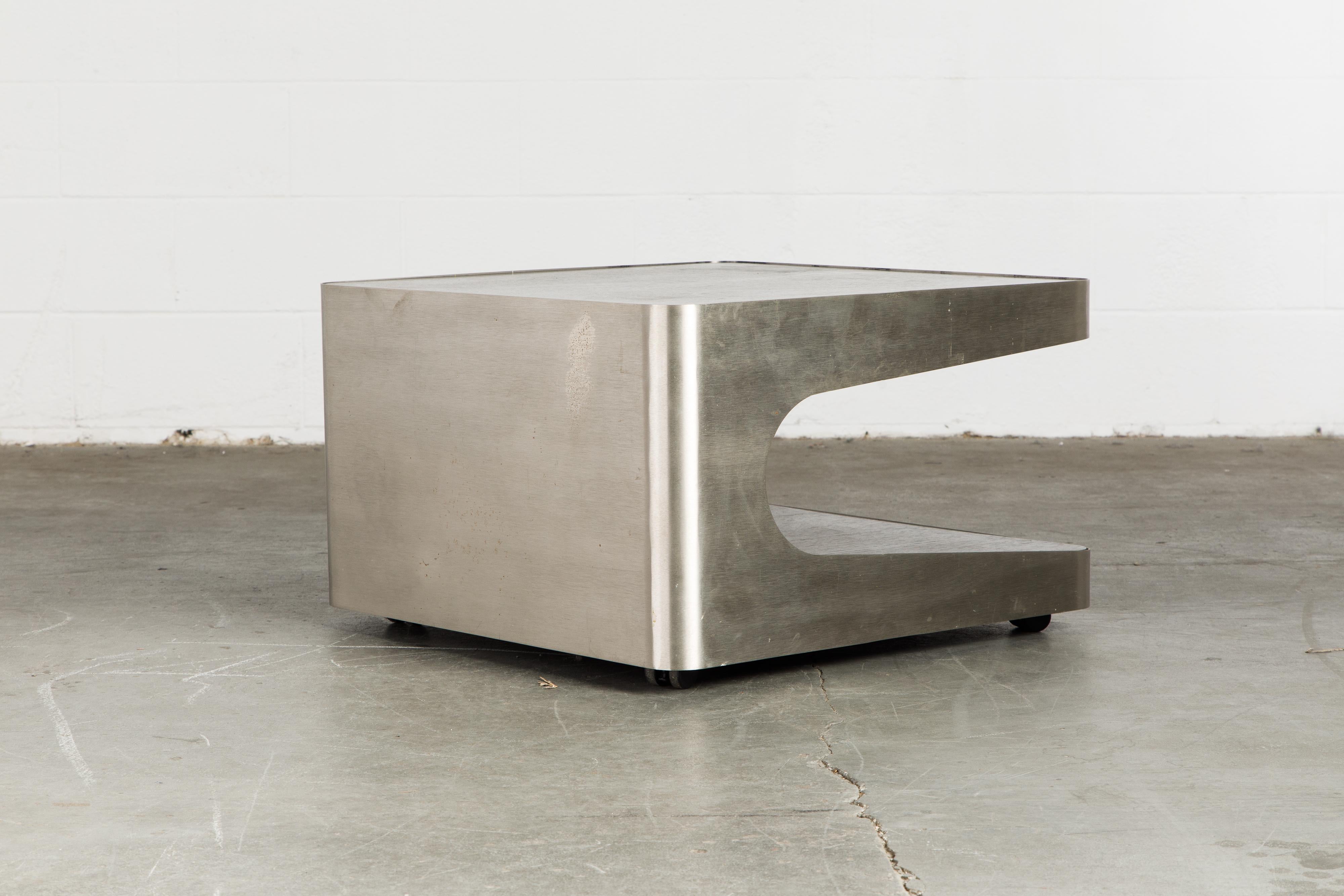 French Modern Brushed Stainless Steel Two-Tiered Coffee or End Table, 1970s 1