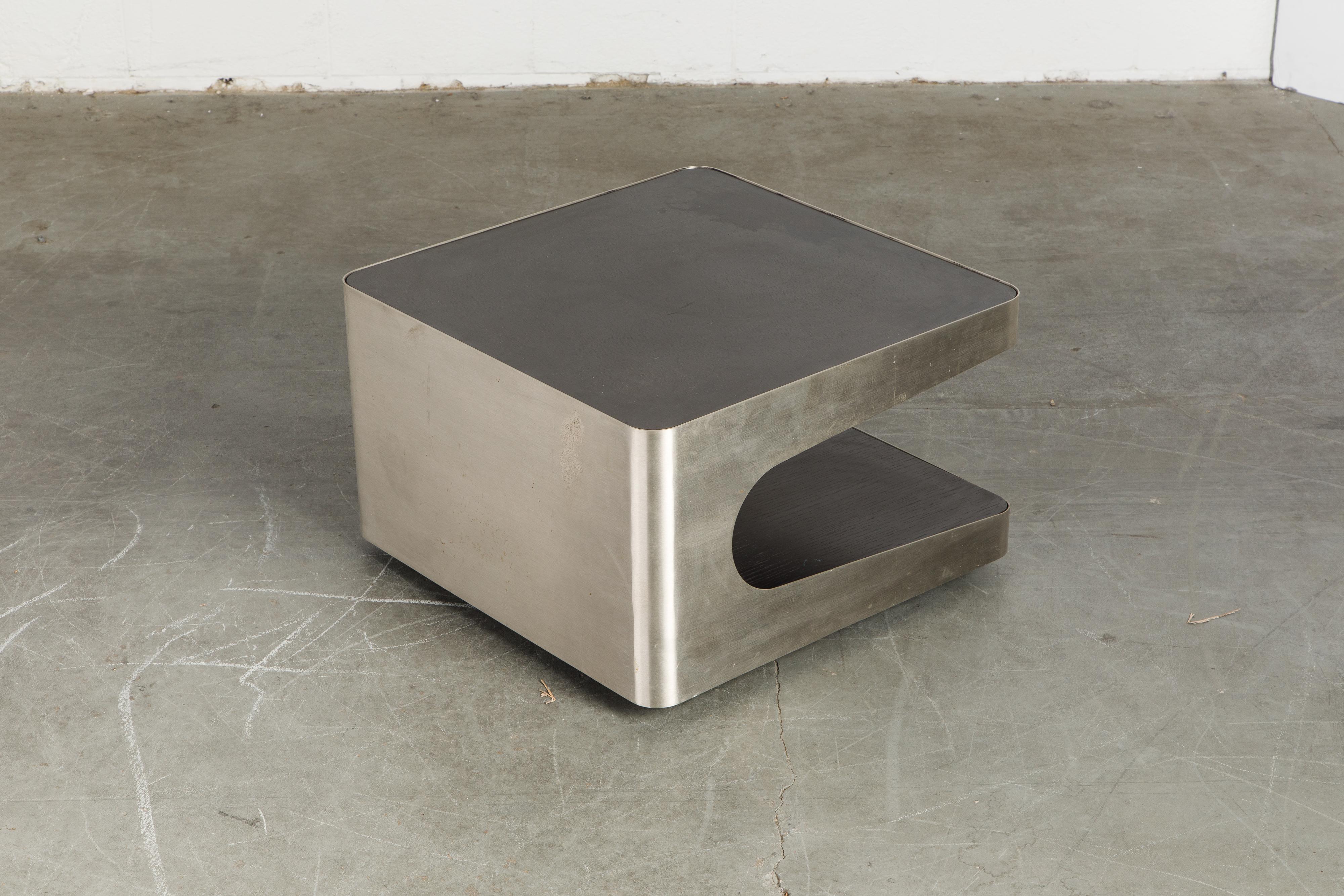 French Modern Brushed Stainless Steel Two-Tiered Coffee or End Table, 1970s 2