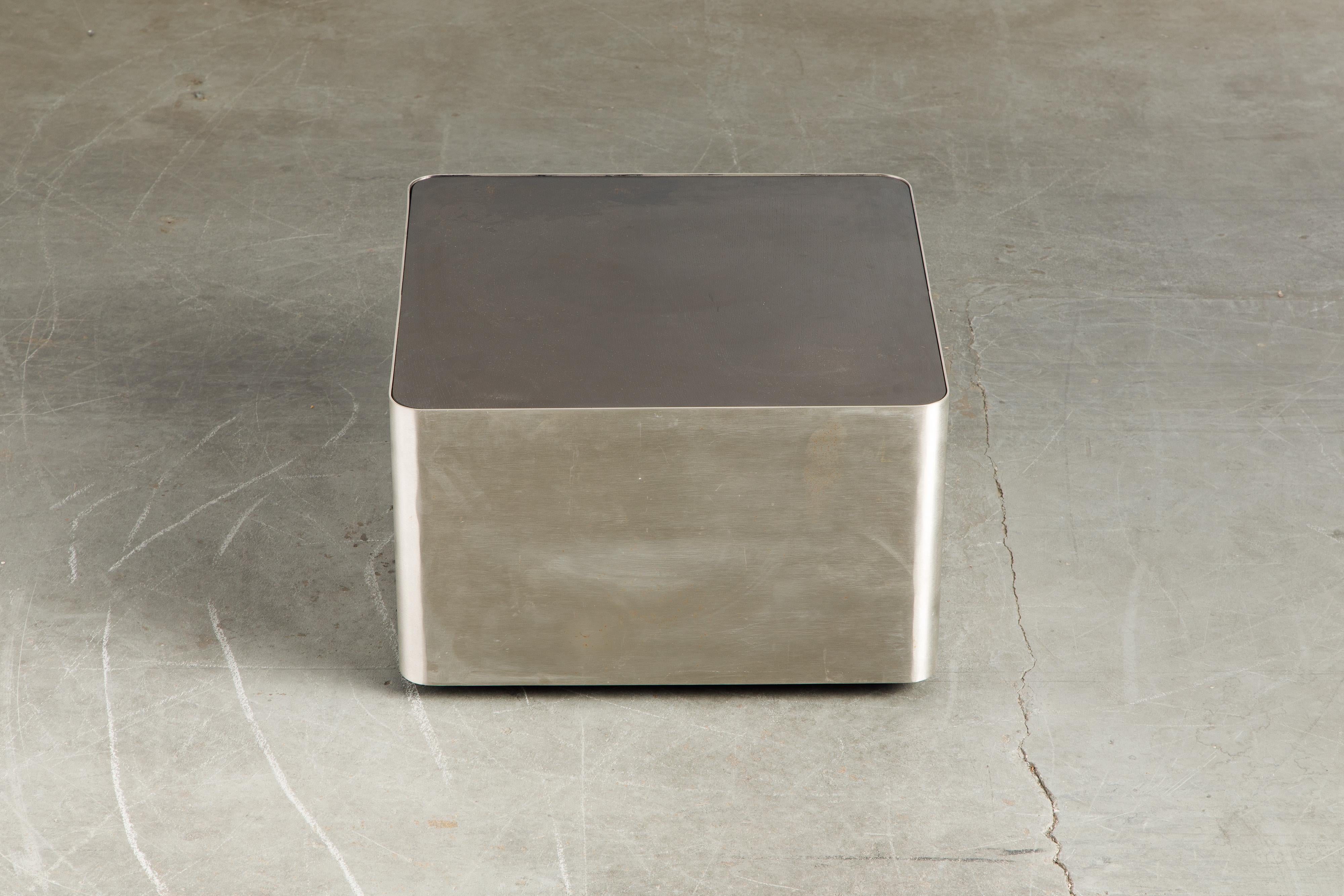French Modern Brushed Stainless Steel Two-Tiered Coffee or End Table, 1970s 4