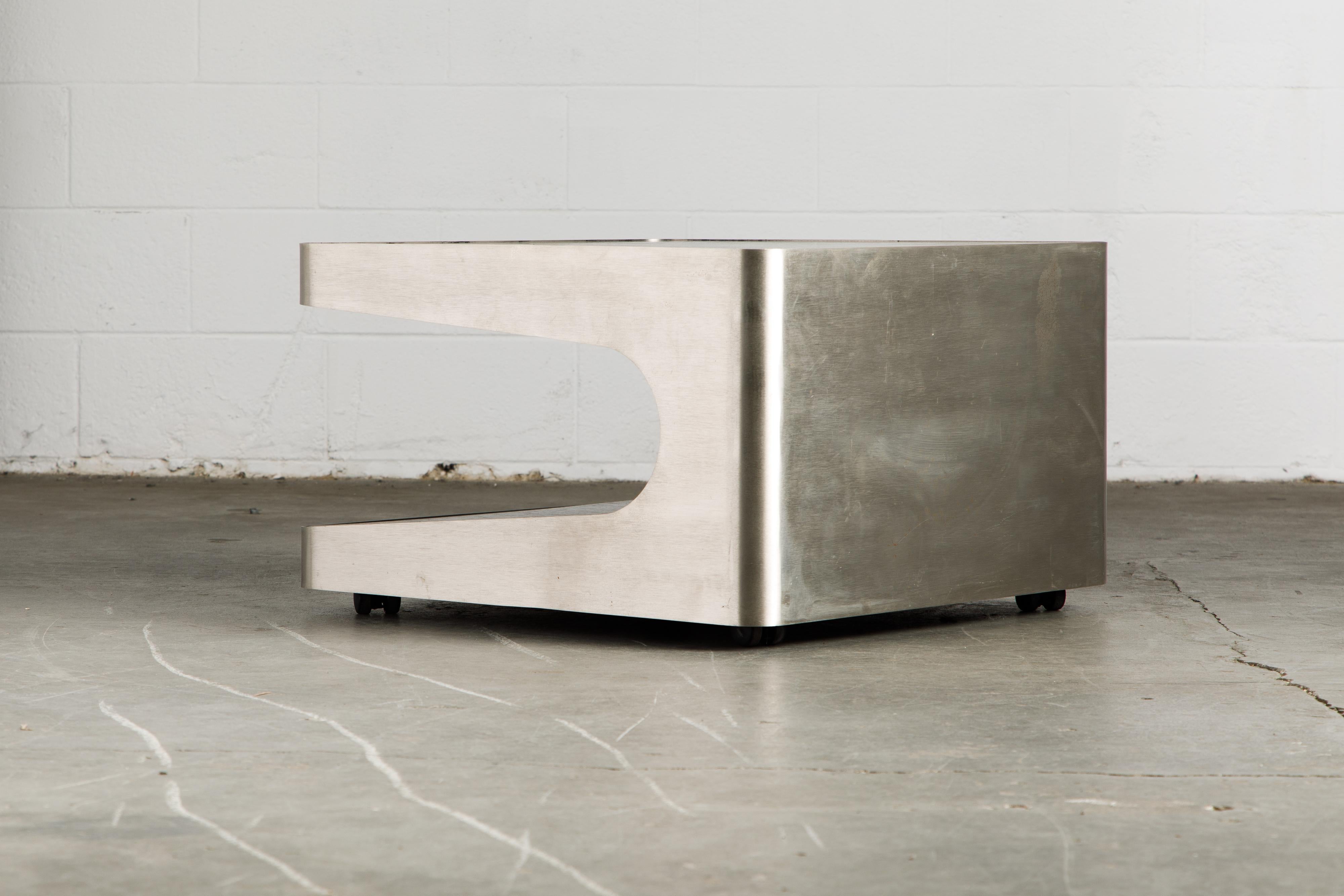 French Modern Brushed Stainless Steel Two-Tiered Coffee or End Table, 1970s 5