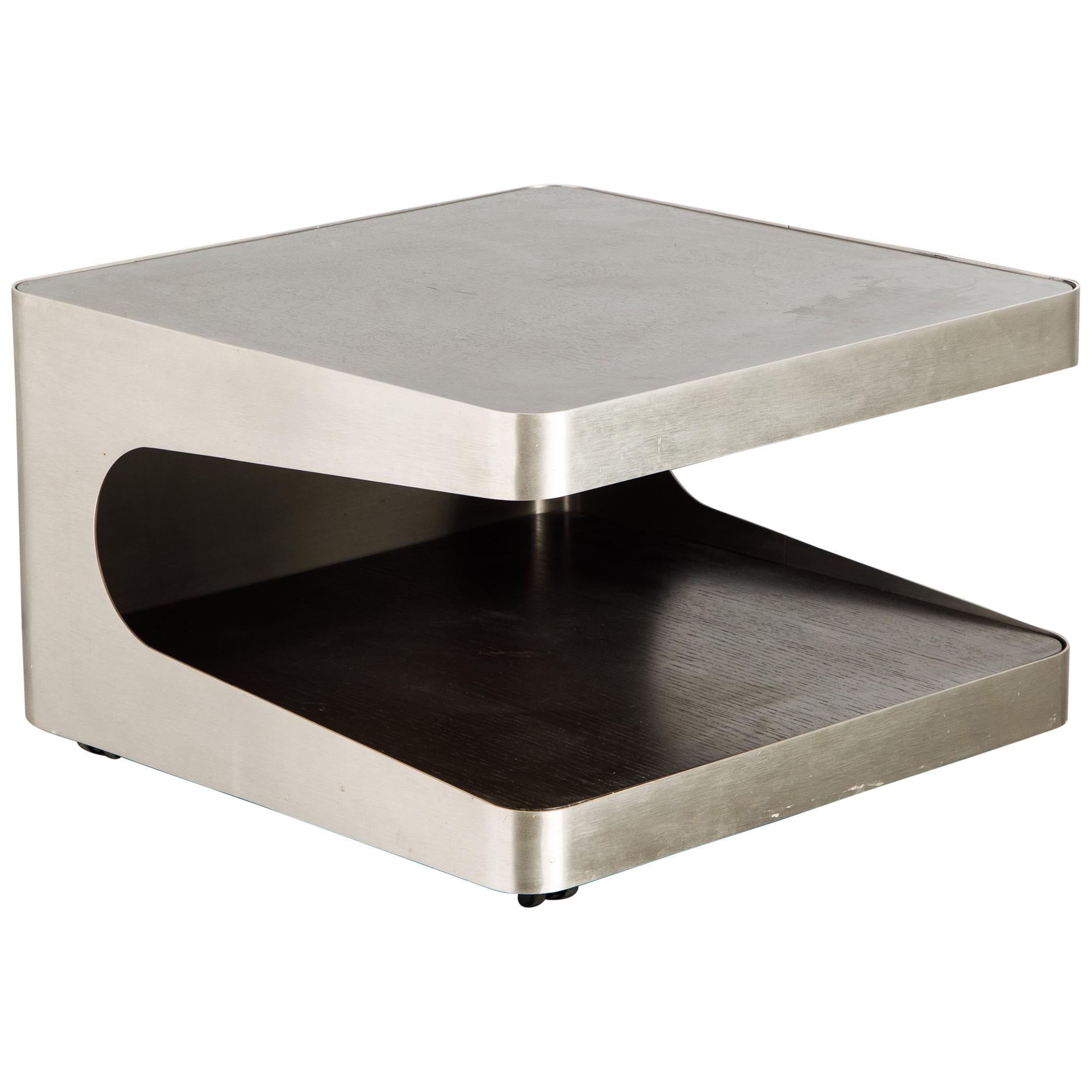 French Modern Brushed Stainless Steel Two-Tiered Coffee or End Table, 1970s